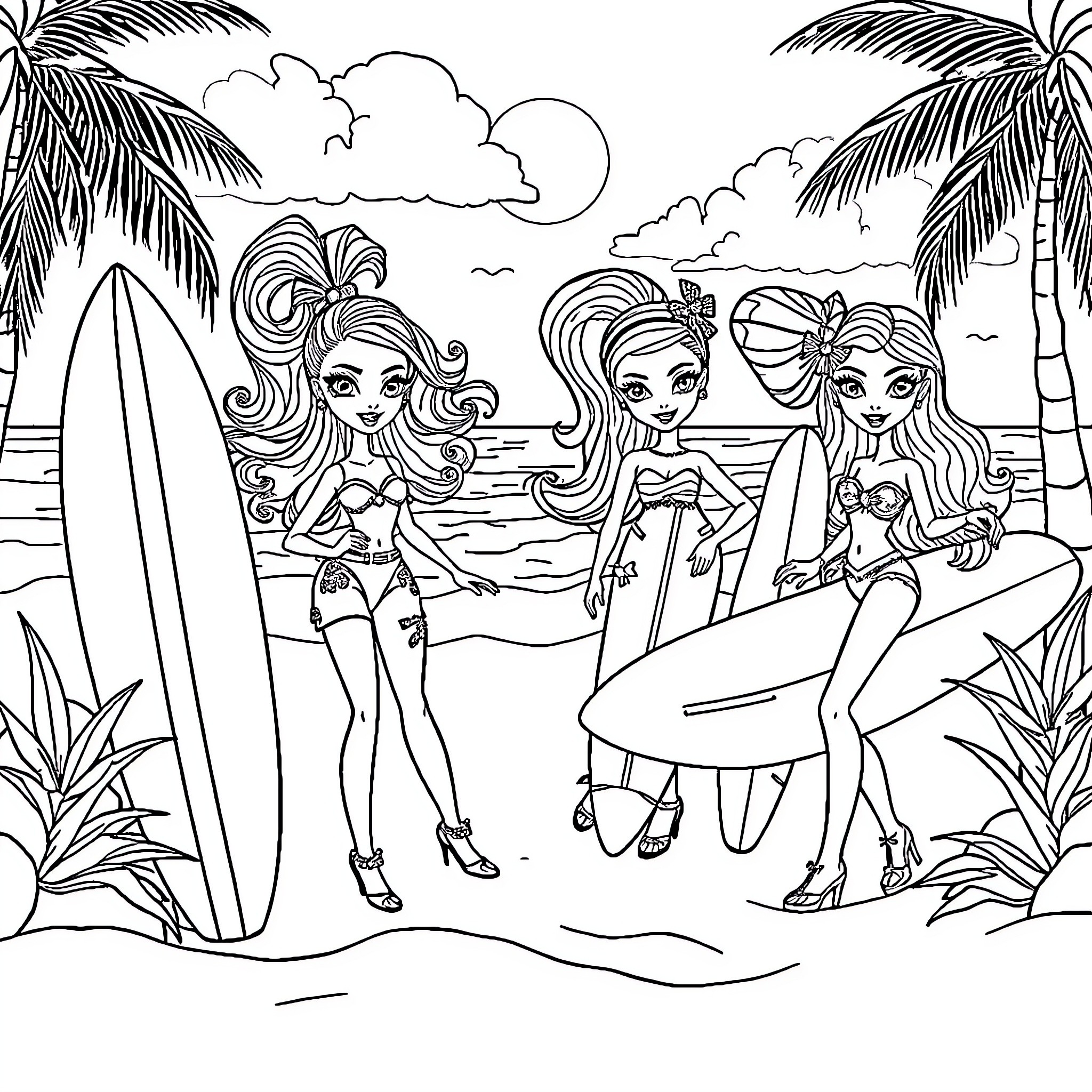 Bratz girls enjoying a beach day with surfboards Coloring Page (free black-and-white line drawing printable PDF for all, from beginners to advanced learners, including children, teens, adults, and seniors)