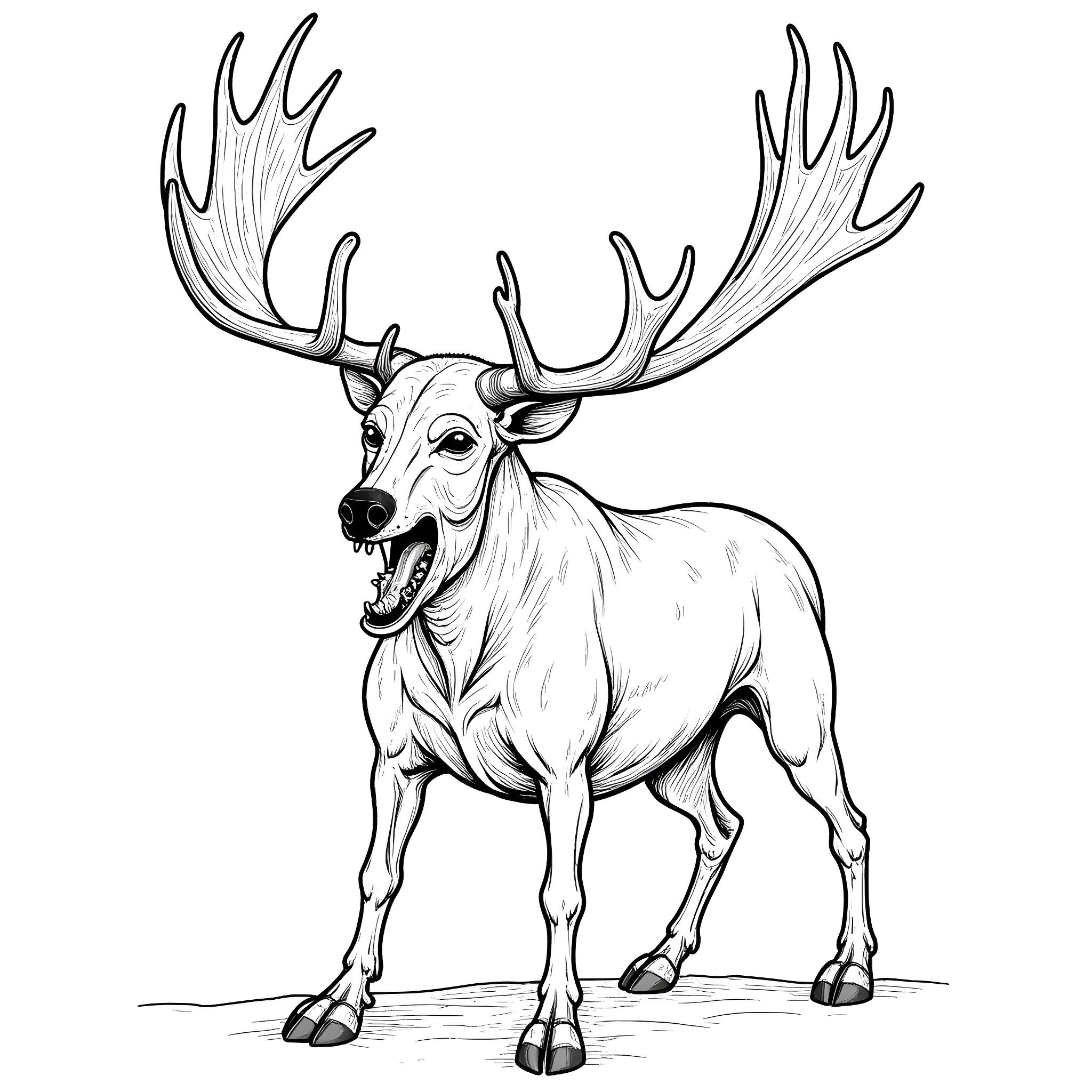 Monster Deer with Majestic Antlers Coloring Page (free black-and-white line drawing printable PDF for all, from beginners to advanced learners, including children, teens, adults, and seniors)
