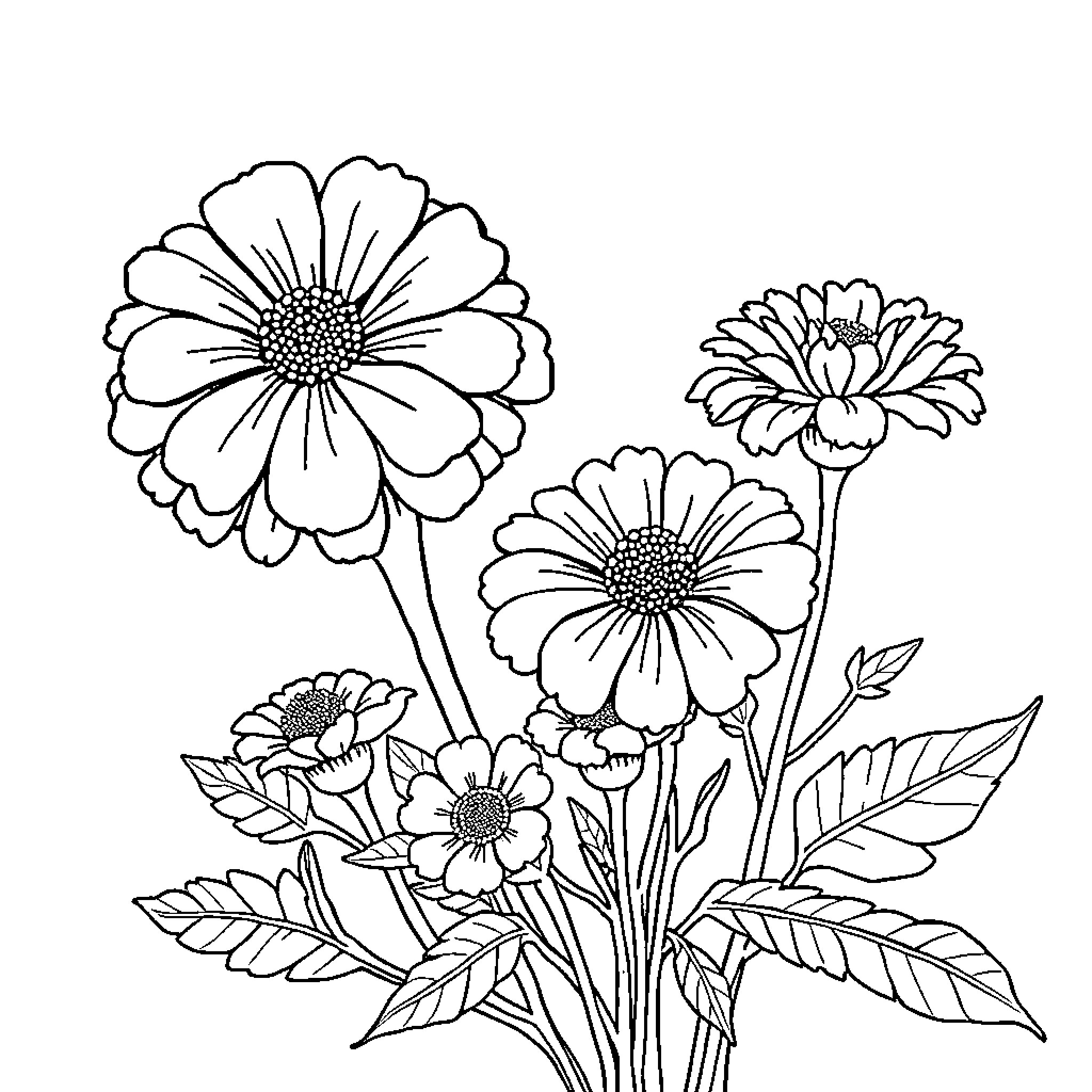Marigold Blooms in Vibrant Display Coloring Page (free black-and-white line drawing printable PDF for all, from beginners to advanced learners, including children, teens, adults, and seniors)