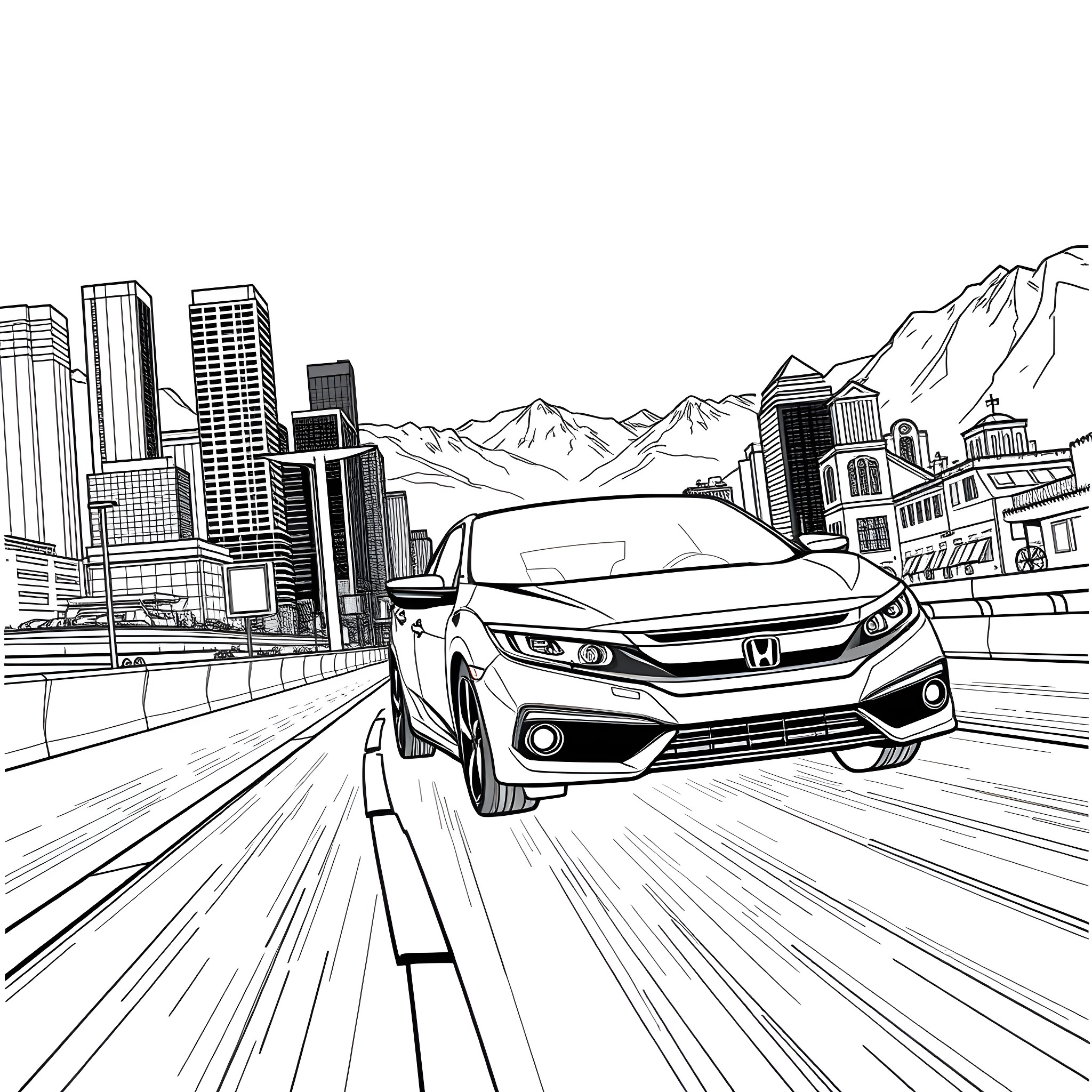 Honda Civic speeding through the city streets Coloring Page (free black-and-white line drawing printable PDF for all, from beginners to advanced learners, including children, teens, adults, and seniors)