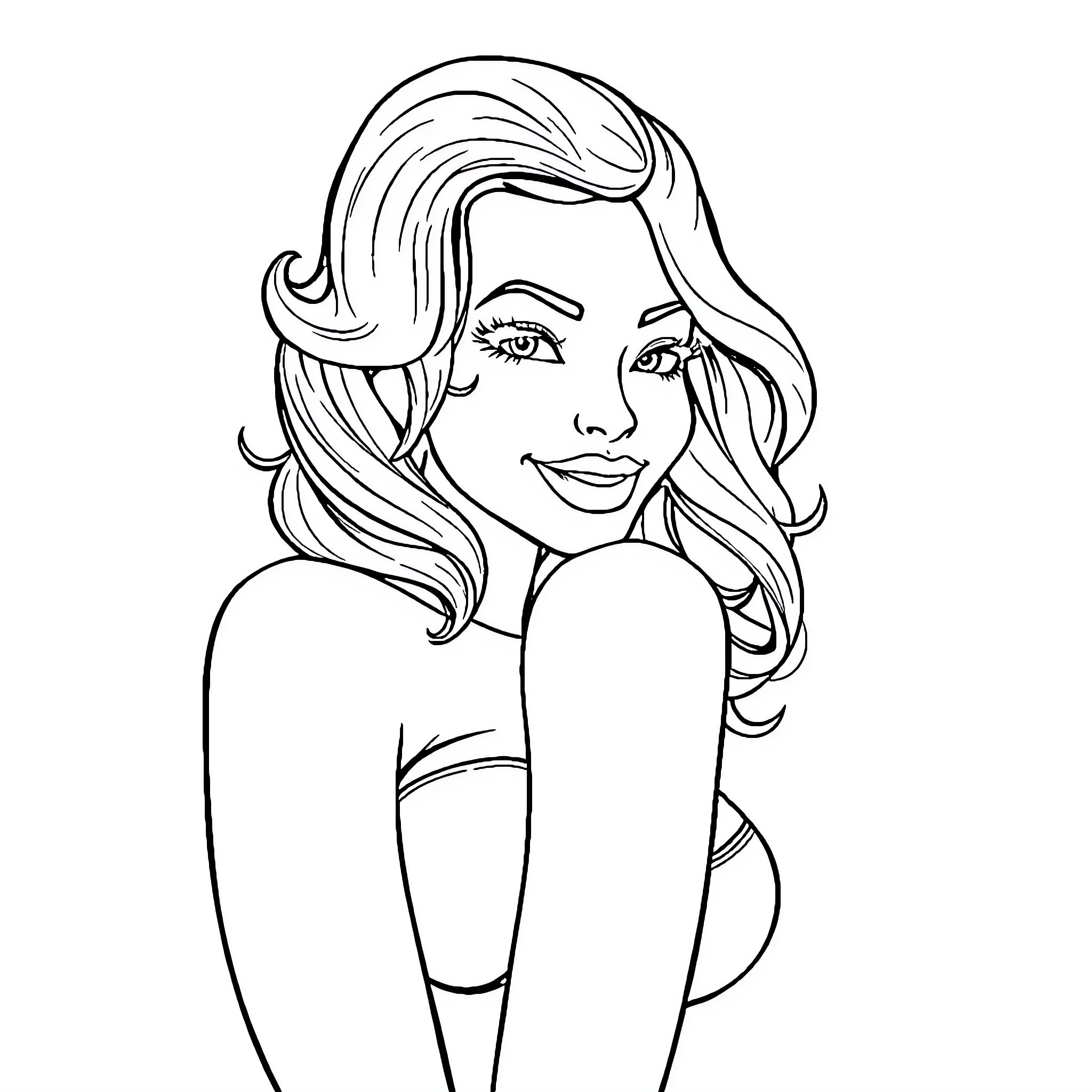 Woman with stylish wavy hairstyle posing confidently Coloring Page (free black-and-white line drawing printable PDF for all, from beginners to advanced learners, including children, teens, adults, and seniors)