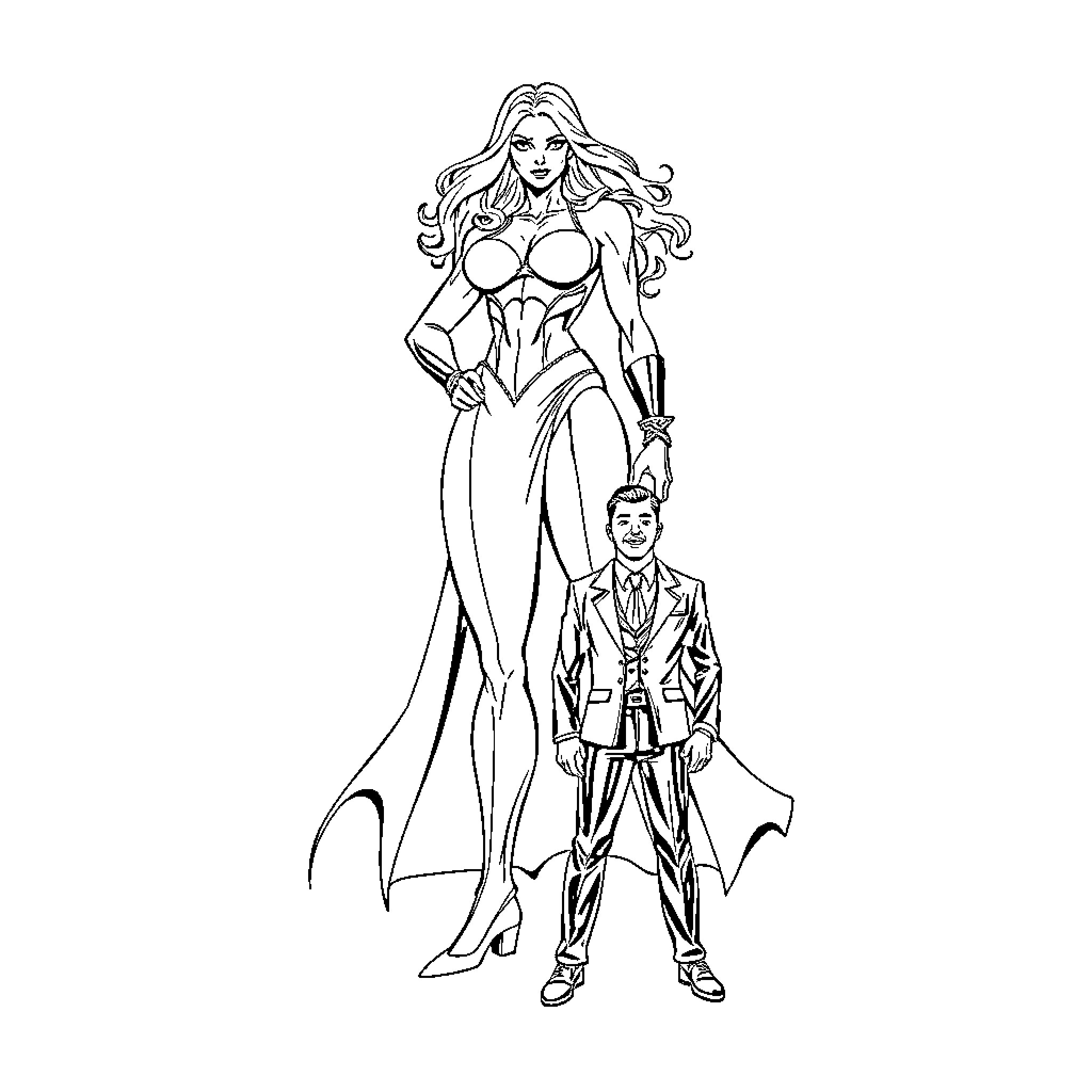 Villain in Formidable Attire and Companion Coloring Page (free black-and-white line drawing printable PDF for all, from beginners to advanced learners, including children, teens, adults, and seniors)