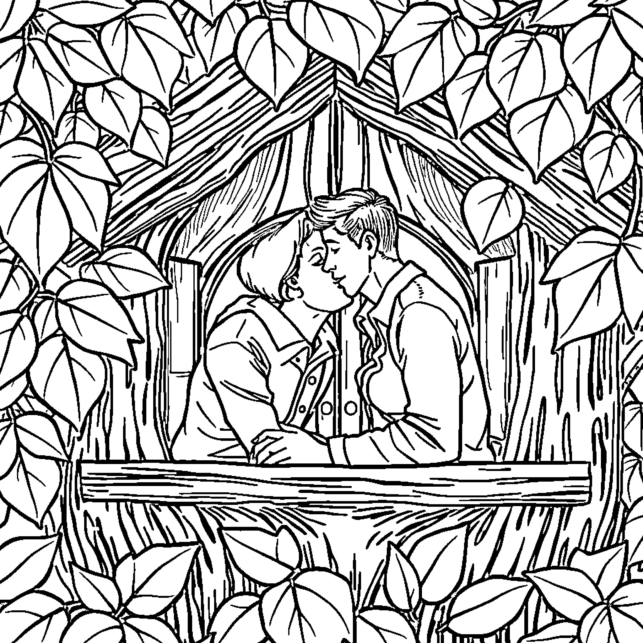 Kiss in the Enchanted Forest Coloring Page (free black-and-white line drawing printable PDF for all, from beginners to advanced learners, including children, teens, adults, and seniors)