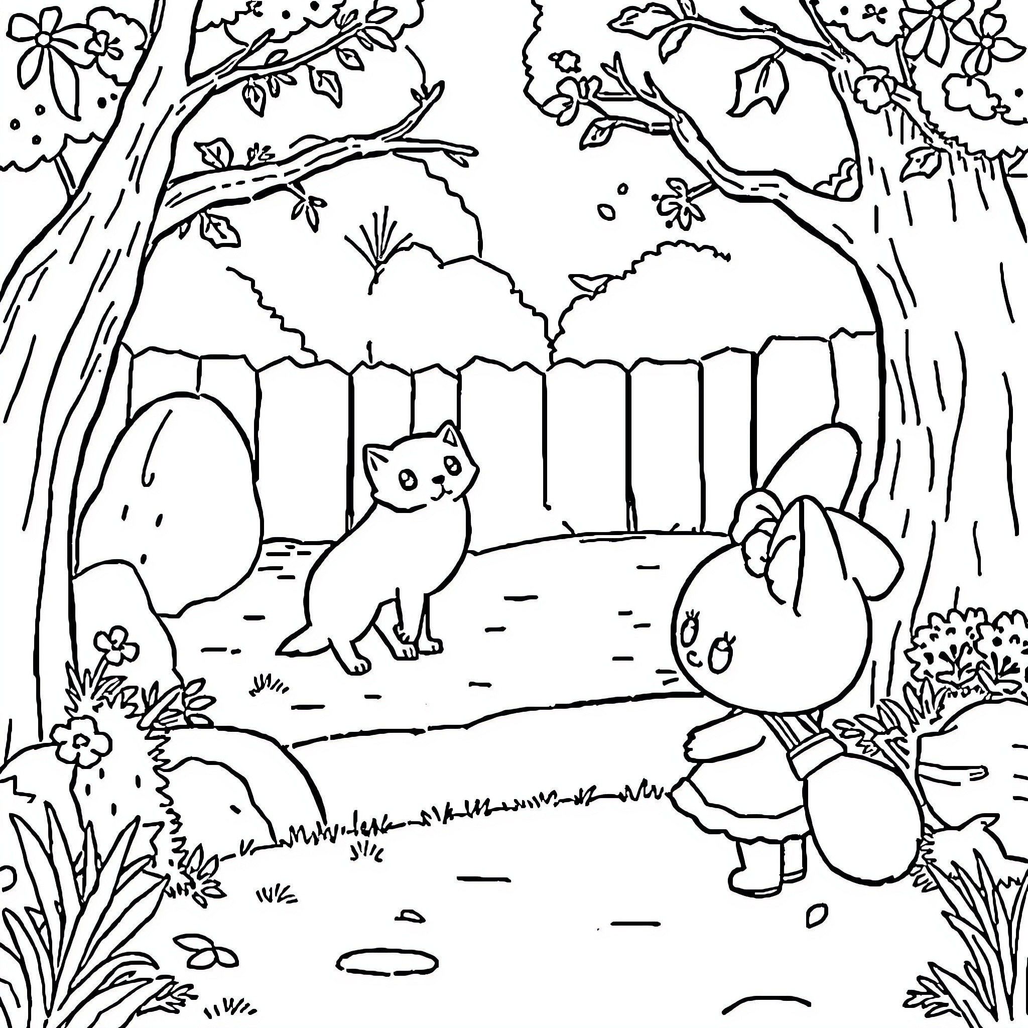 My Melody's Peaceful Forest Adventure Coloring Page (free black-and-white line drawing printable PDF for all, from beginners to advanced learners, including children, teens, adults, and seniors)