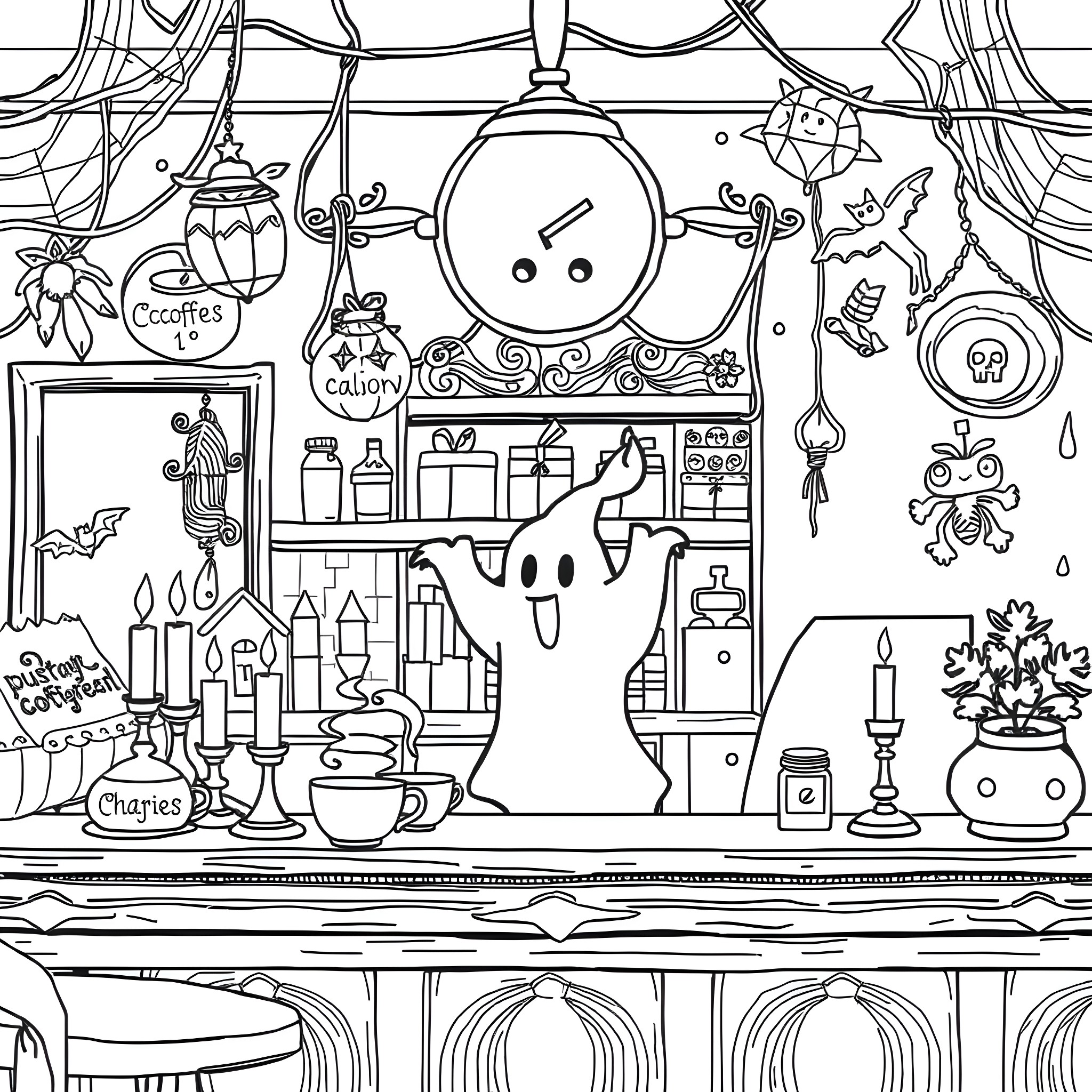 Ghost Decorating a Haunted Cottage Coloring Page (free black-and-white line drawing printable PDF for all, from beginners to advanced learners, including children, teens, adults, and seniors)