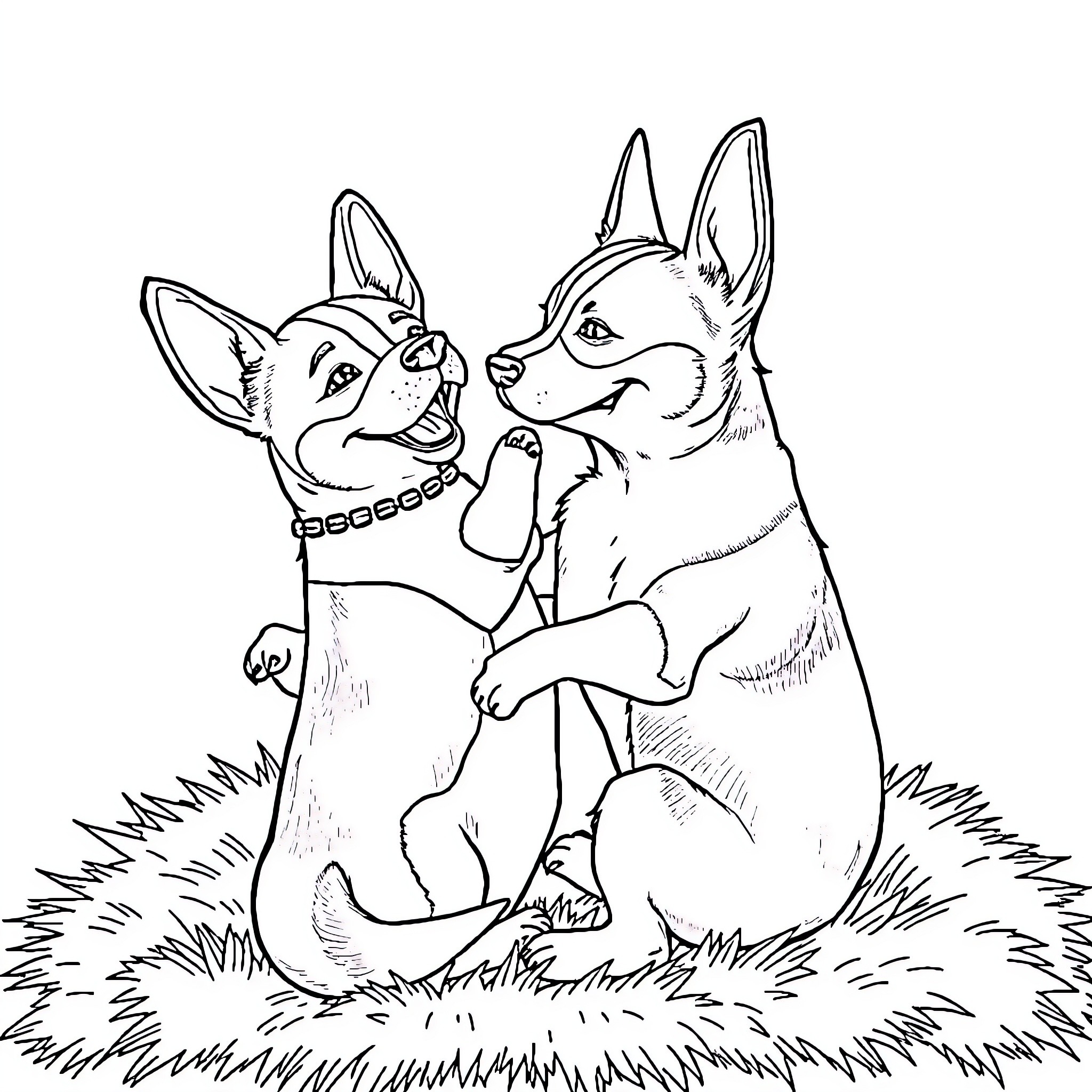 Teckel dogs enjoying playtime in nature Coloring Page (free black-and-white line drawing printable PDF for all, from beginners to advanced learners, including children, teens, adults, and seniors)