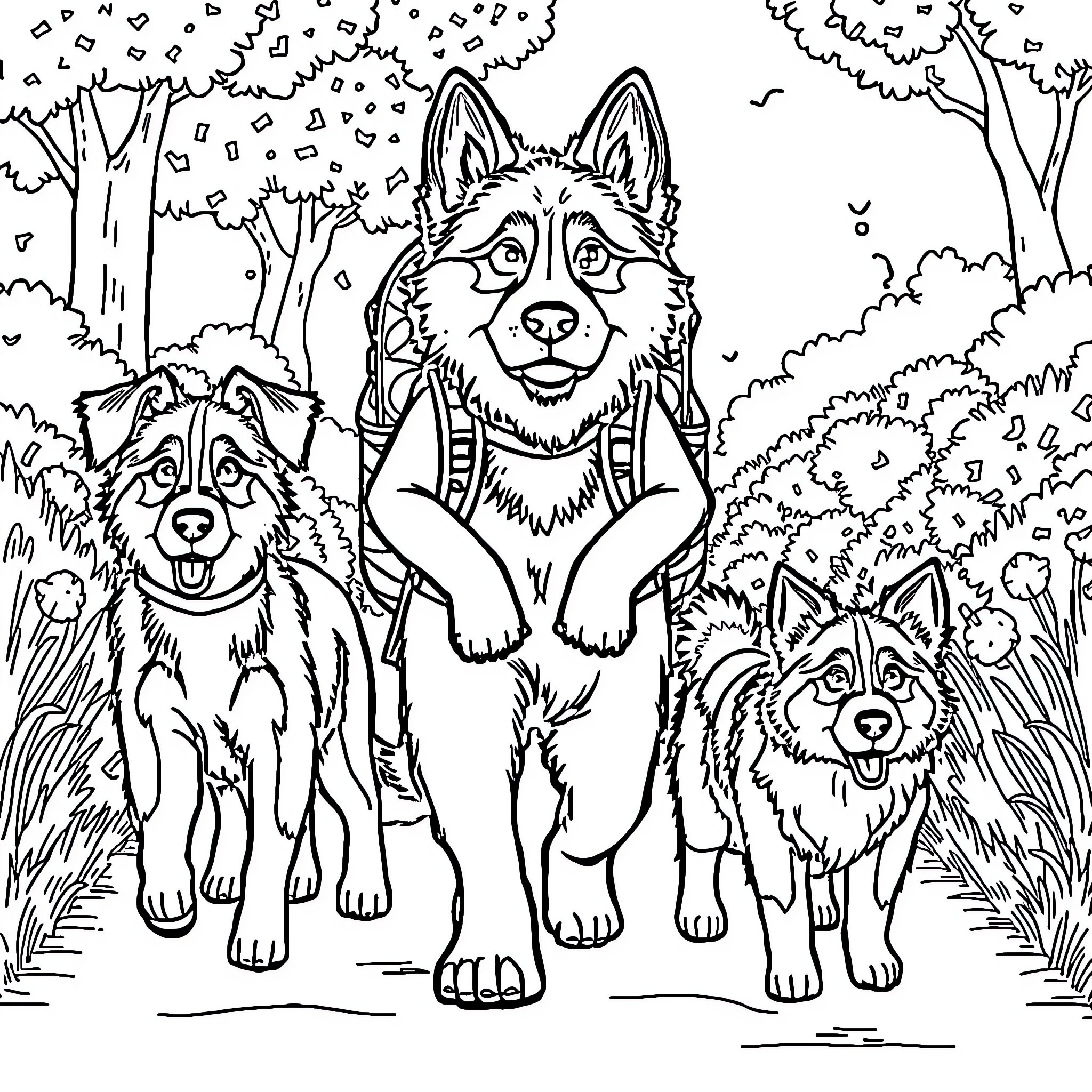 Nuggie's Playful Pack Adventure in the Forest Coloring Page (free black-and-white line drawing printable PDF for all, from beginners to advanced learners, including children, teens, adults, and seniors)