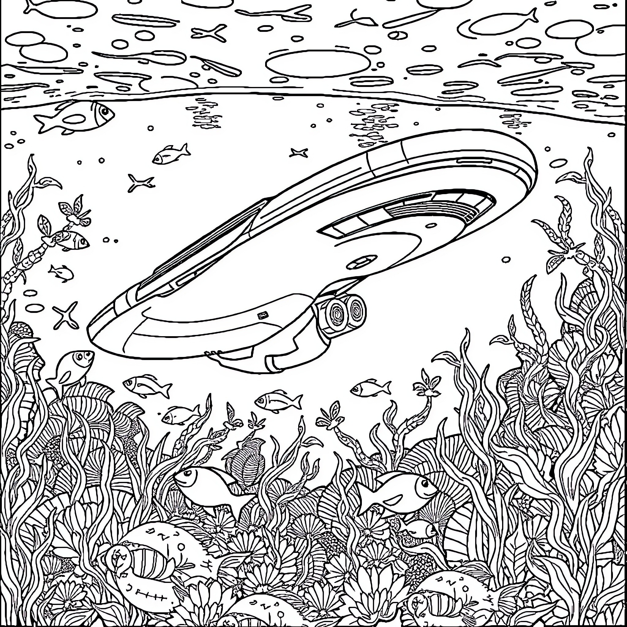 Starship exploring underwater marine ecosystem Coloring Page (free black-and-white line drawing printable PDF for all, from beginners to advanced learners, including children, teens, adults, and seniors)