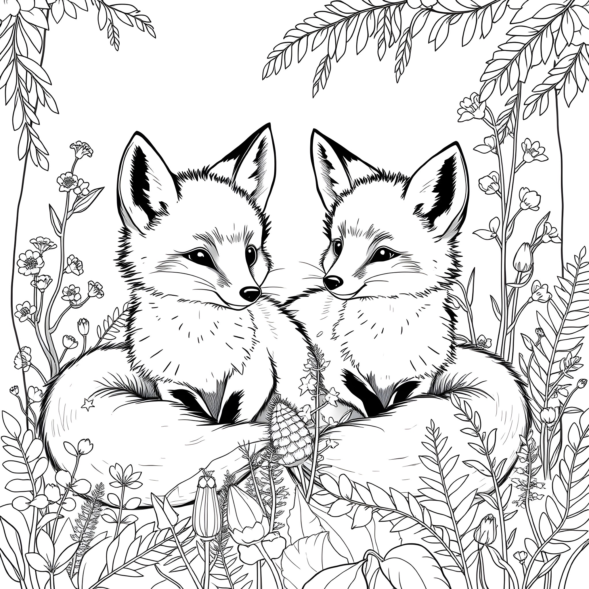 Foxes cuddling amid floral foliage Coloring Page (free black-and-white line drawing printable PDF for all, from beginners to advanced learners, including children, teens, adults, and seniors)