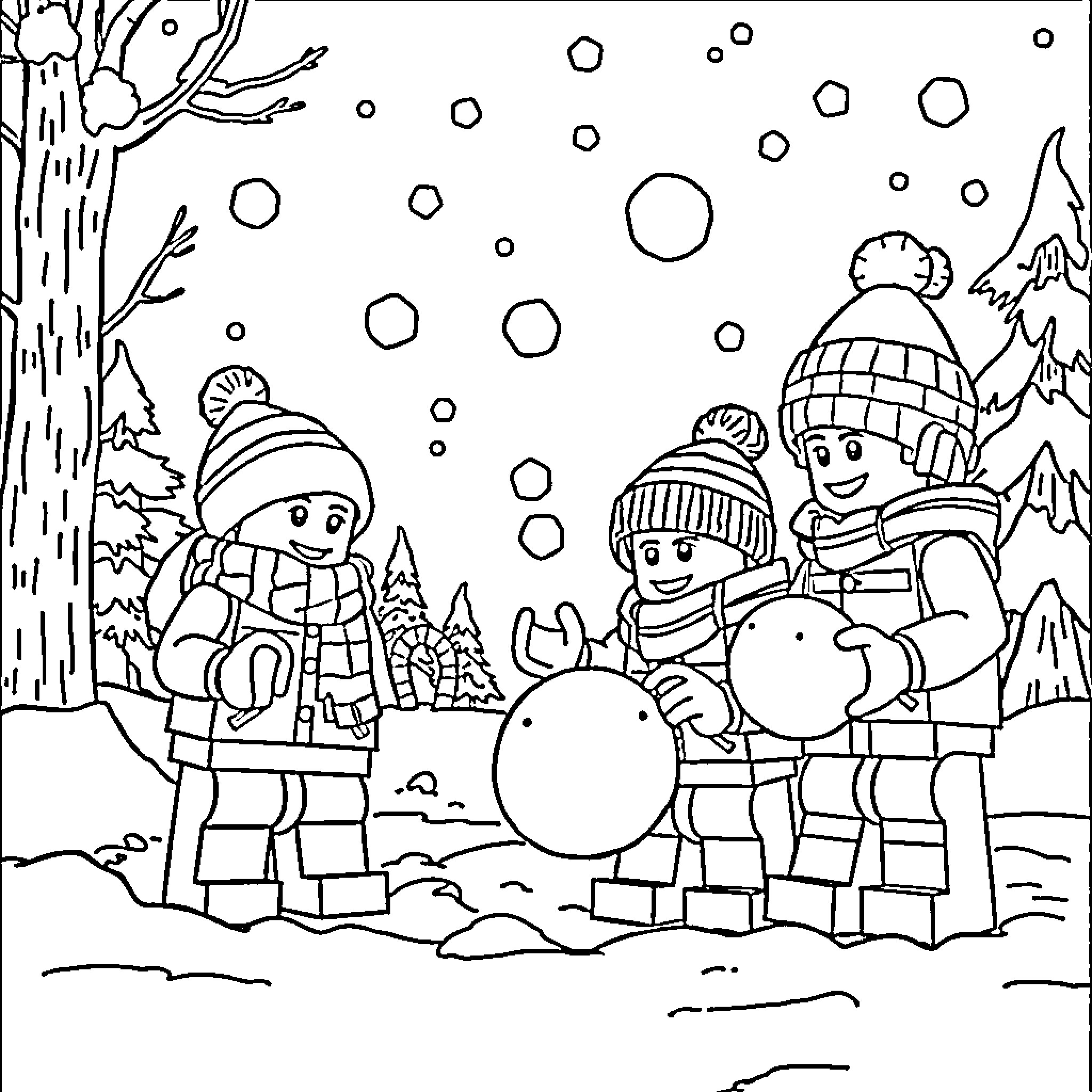 Lego Guys Building Snowmen in the Snowy Landscape Coloring Page (free black-and-white line drawing printable PDF for all, from beginners to advanced learners, including children, teens, adults, and seniors)