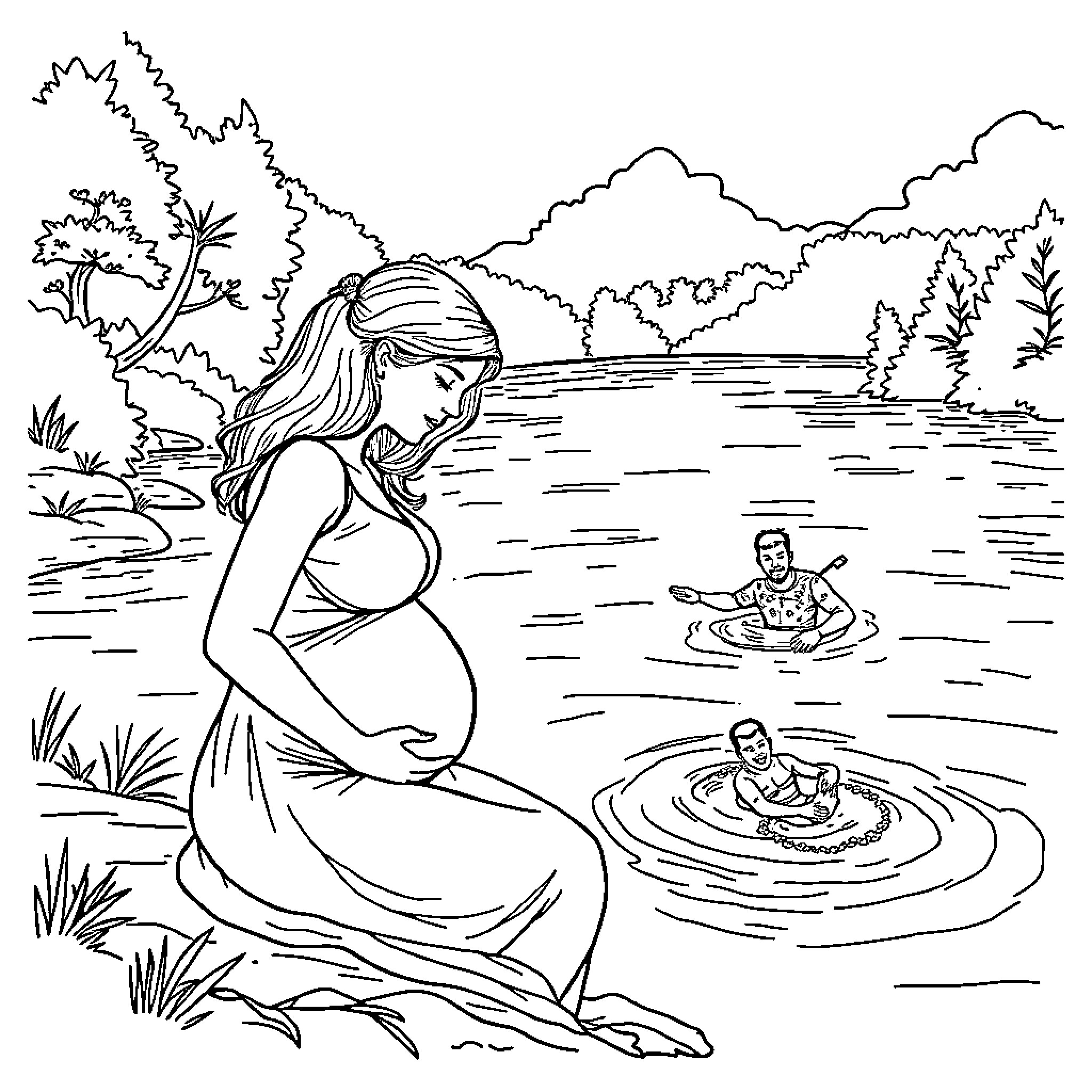 Mother awaits family by the tranquil lake Coloring Page (free black-and-white line drawing printable PDF for all, from beginners to advanced learners, including children, teens, adults, and seniors)