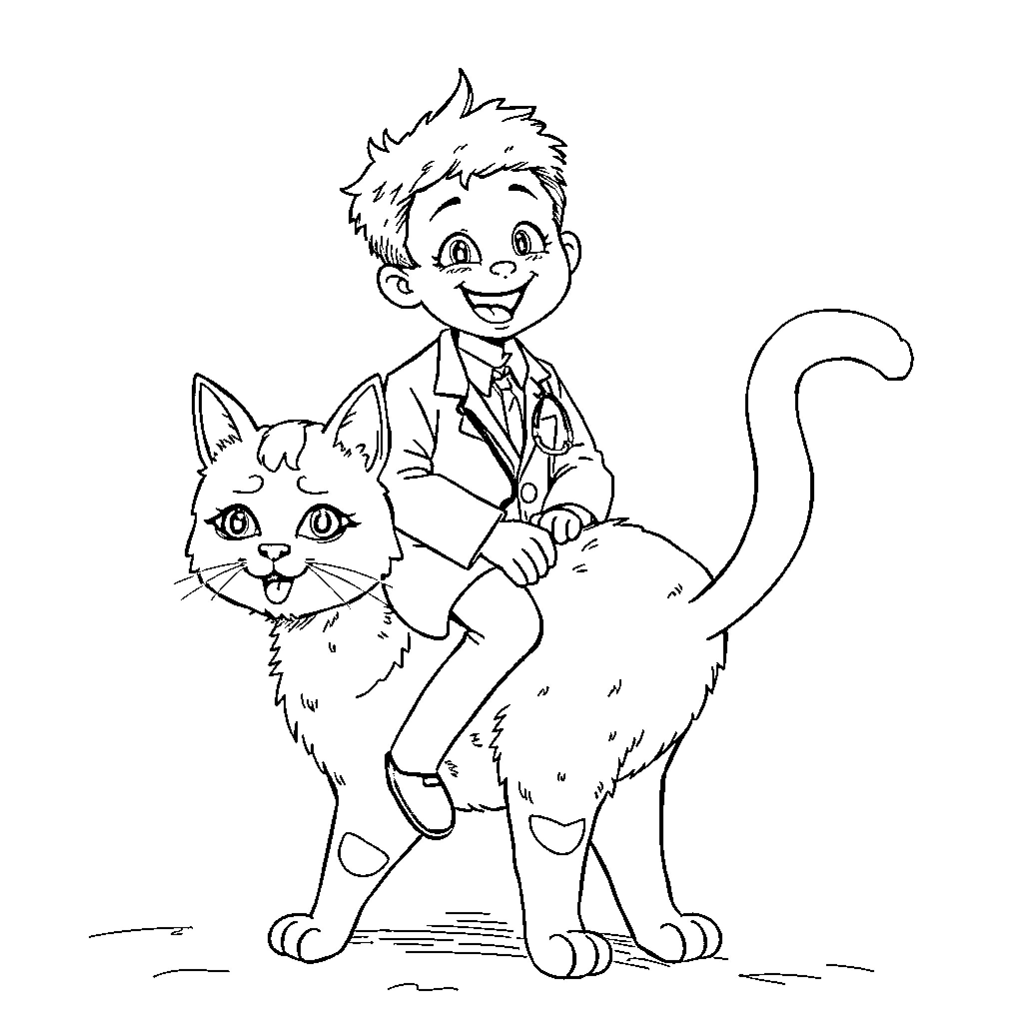 Doctor Examines Friendly Cat Companion Coloring Page (free black-and-white line drawing printable PDF for all, from beginners to advanced learners, including children, teens, adults, and seniors)