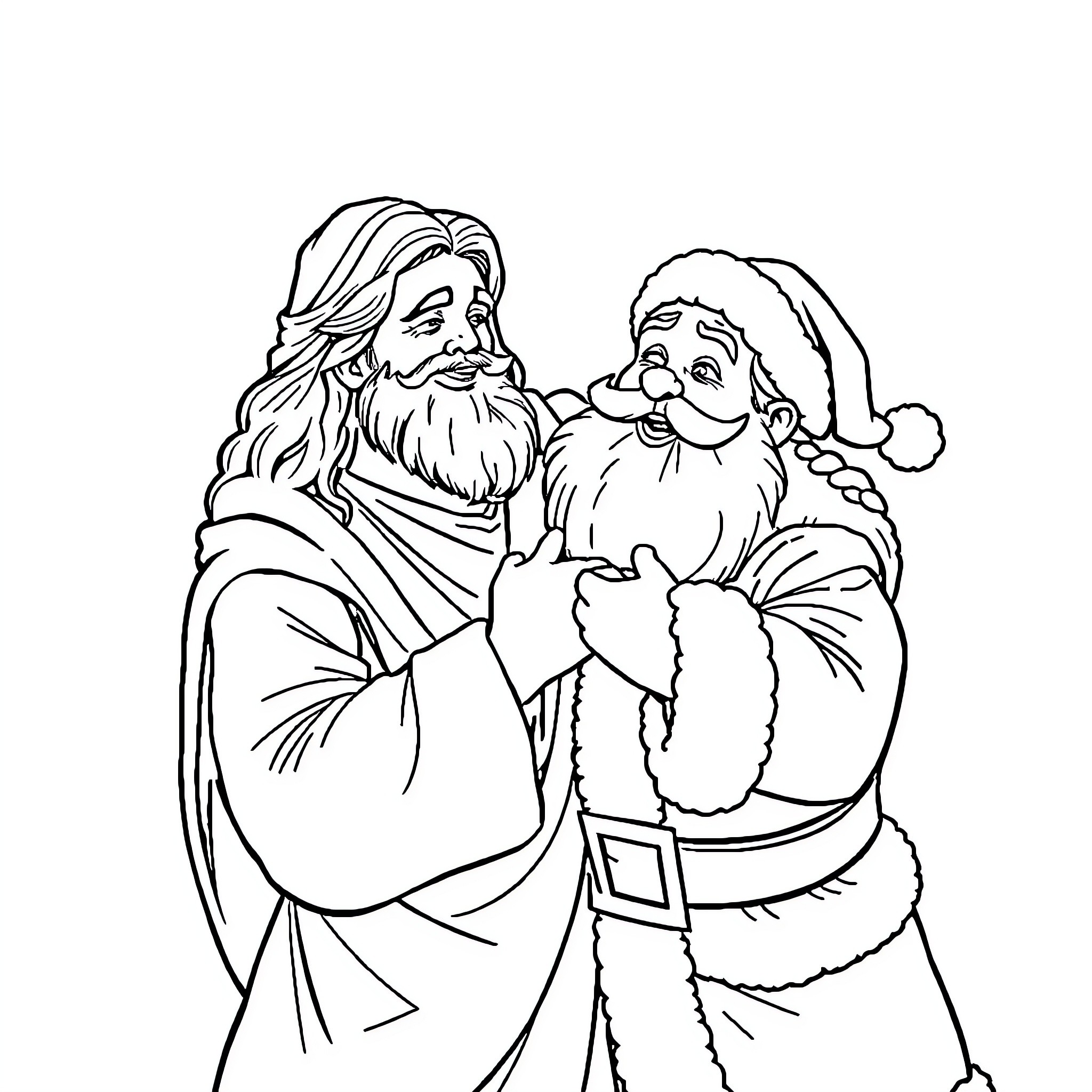 Jesus in friendly conversation with Santa Claus Coloring Page (free black-and-white line drawing printable PDF for all, from beginners to advanced learners, including children, teens, adults, and seniors)