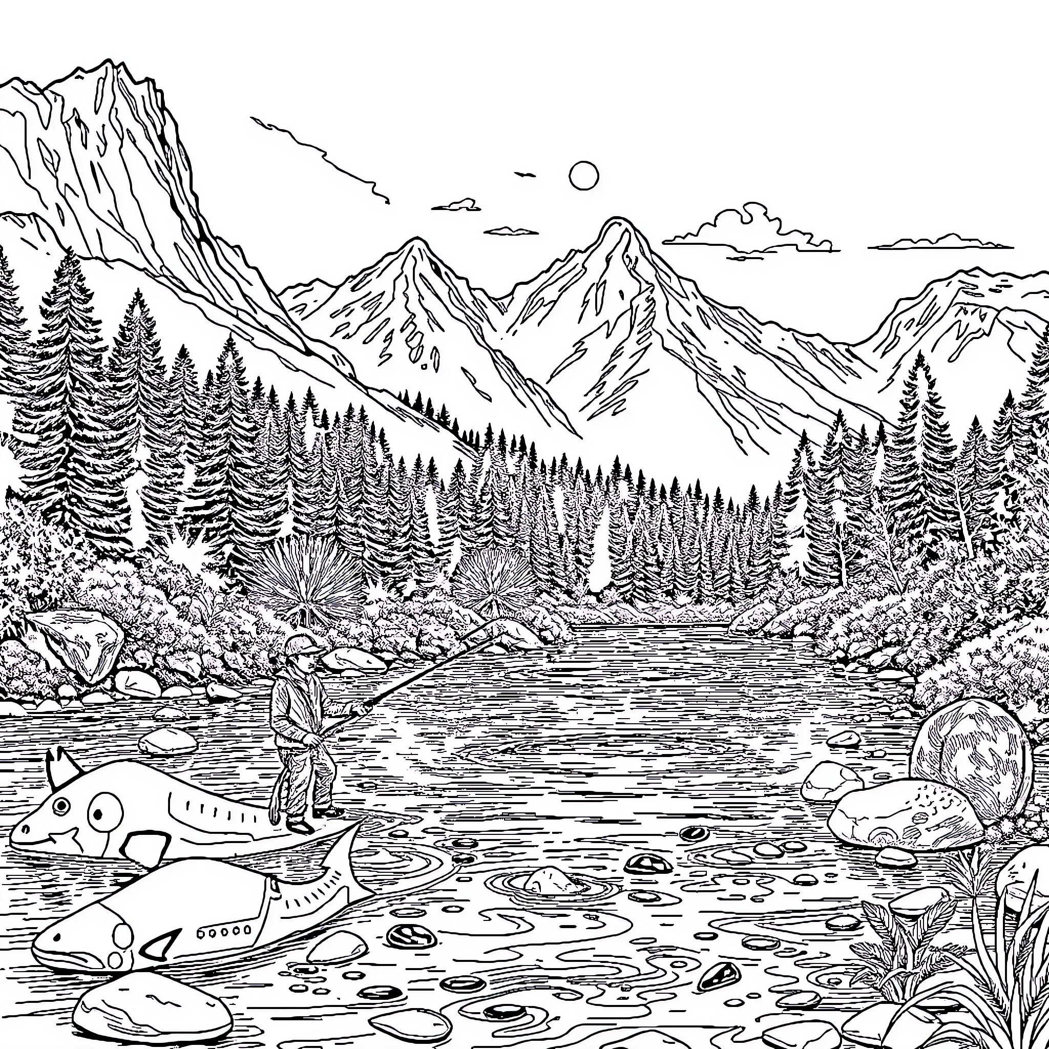 Dinosaur Exploring Tranquil Mountain Landscape Coloring Page (free black-and-white line drawing printable PDF for all, from beginners to advanced learners, including children, teens, adults, and seniors)