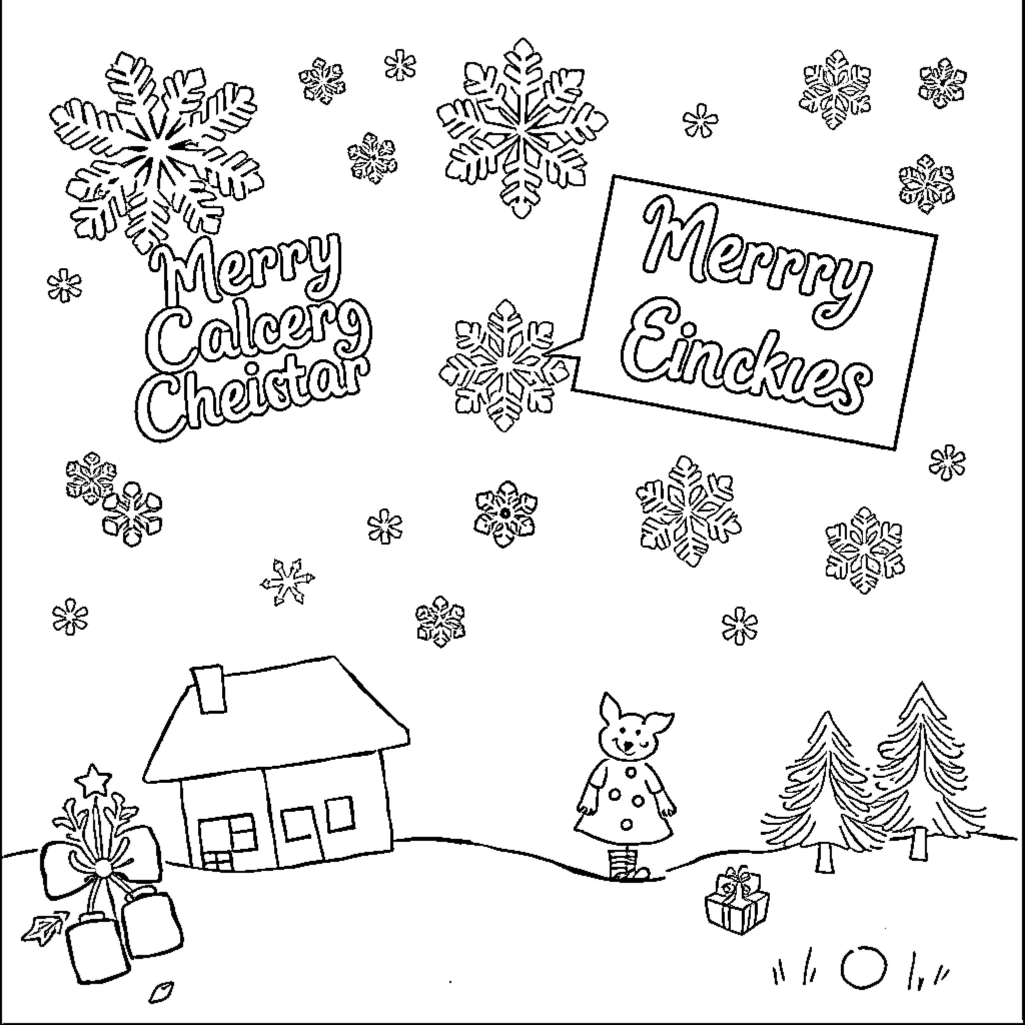 Christmas Card with Festive Snowflakes, Greetings, and Winter Scenes Coloring Page (free black-and-white line drawing printable PDF for all, from beginners to advanced learners, including children, teens, adults, and seniors)