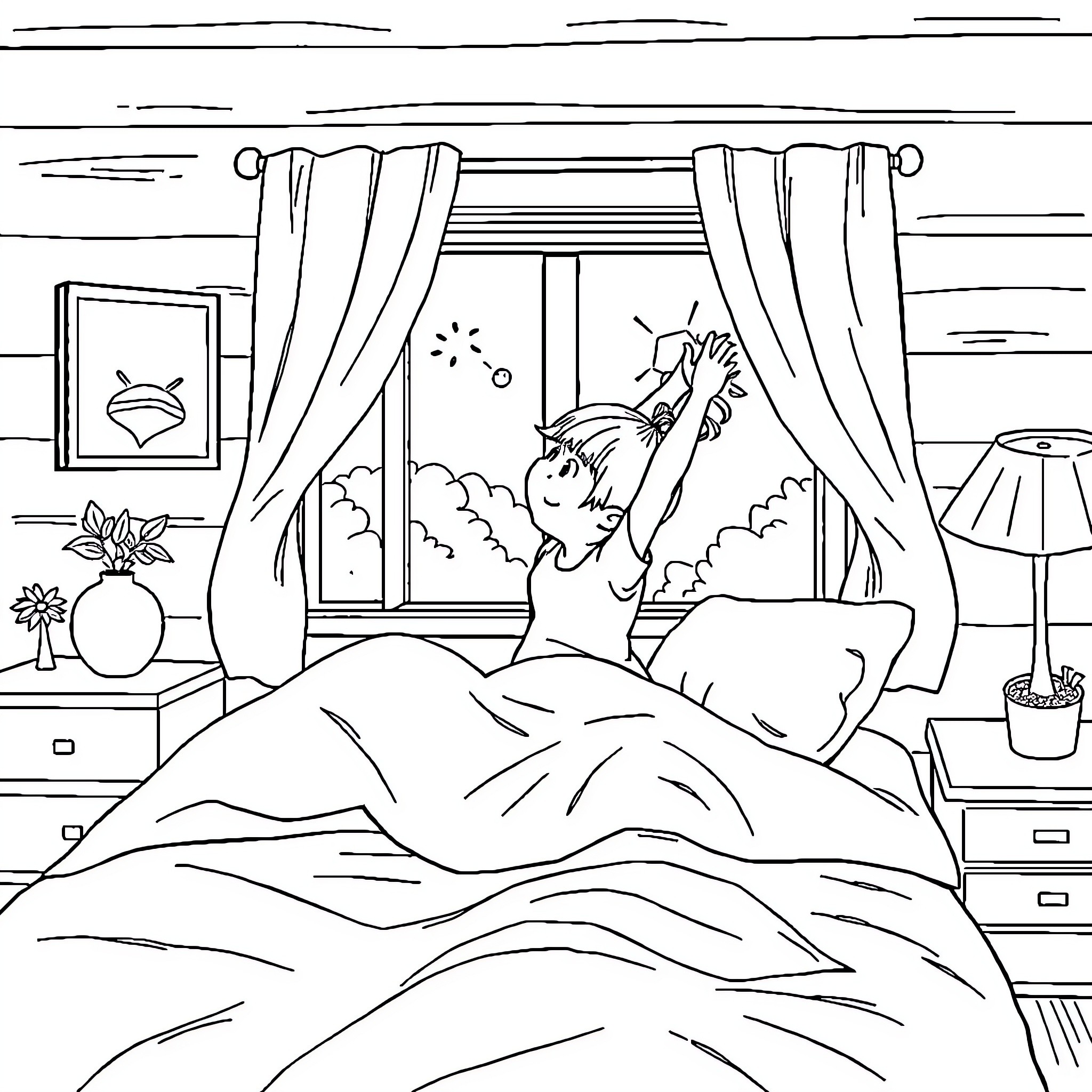 Girl waking up in her bedroom Coloring Page (free black-and-white line drawing printable PDF for all, from beginners to advanced learners, including children, teens, adults, and seniors)