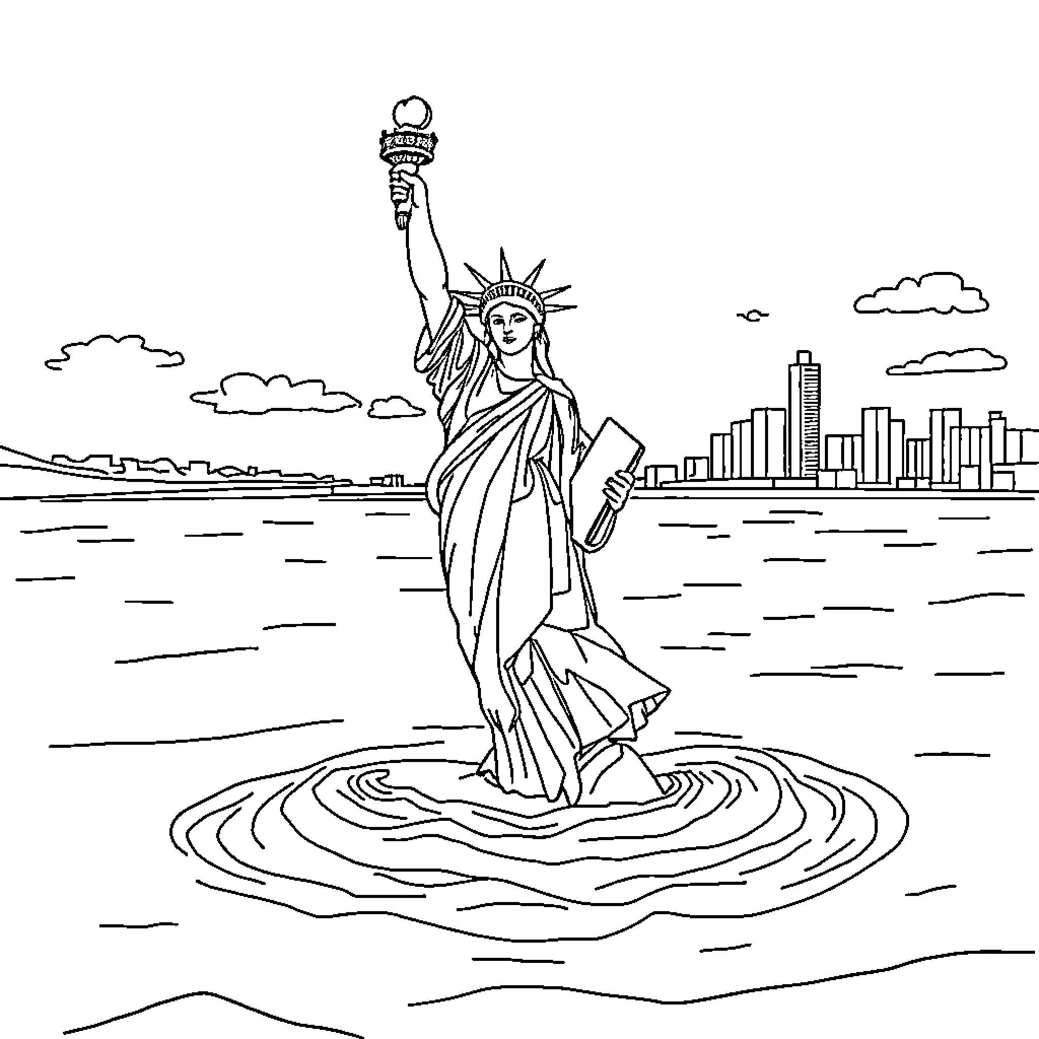 Statue Of Liberty surrounded by waves and city skyline Coloring Page (free black-and-white line drawing printable PDF for all, from beginners to advanced learners, including children, teens, adults, and seniors)