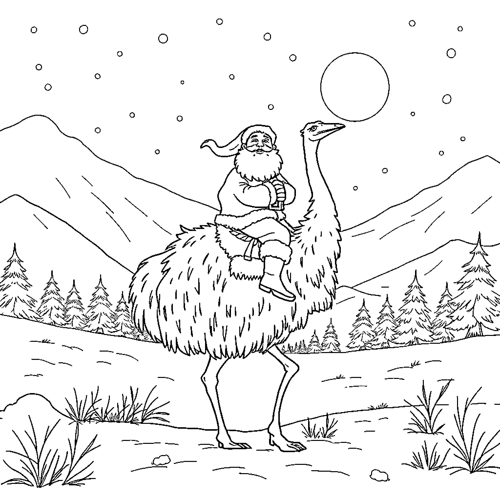 Santa riding on a snowy ostrich under the starry night Coloring Page (free black-and-white line drawing printable PDF for all, from beginners to advanced learners, including children, teens, adults, and seniors)