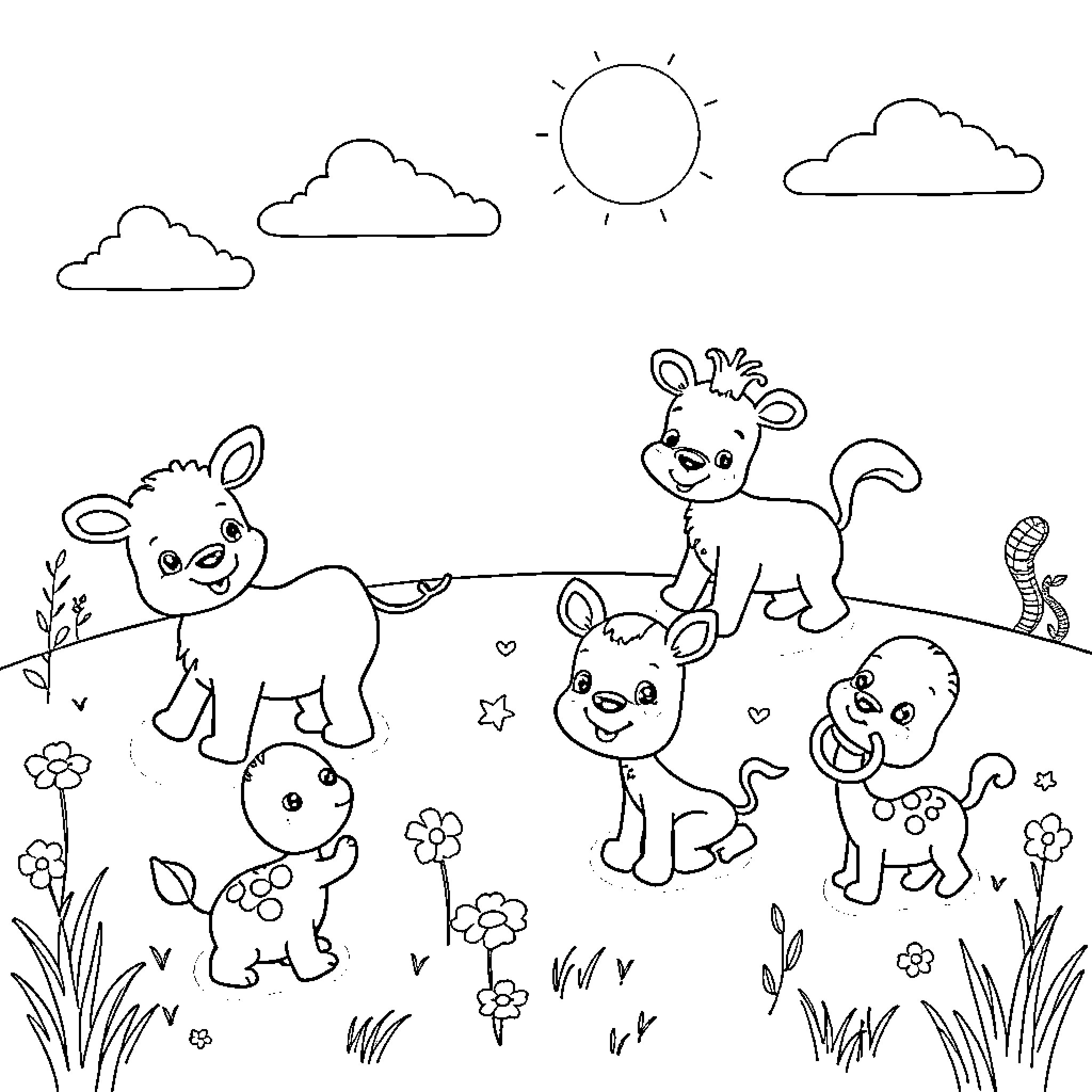 Baby Animals Playing in a Flowery Meadow Coloring Page (free black-and-white line drawing printable PDF for all, from beginners to advanced learners, including children, teens, adults, and seniors)