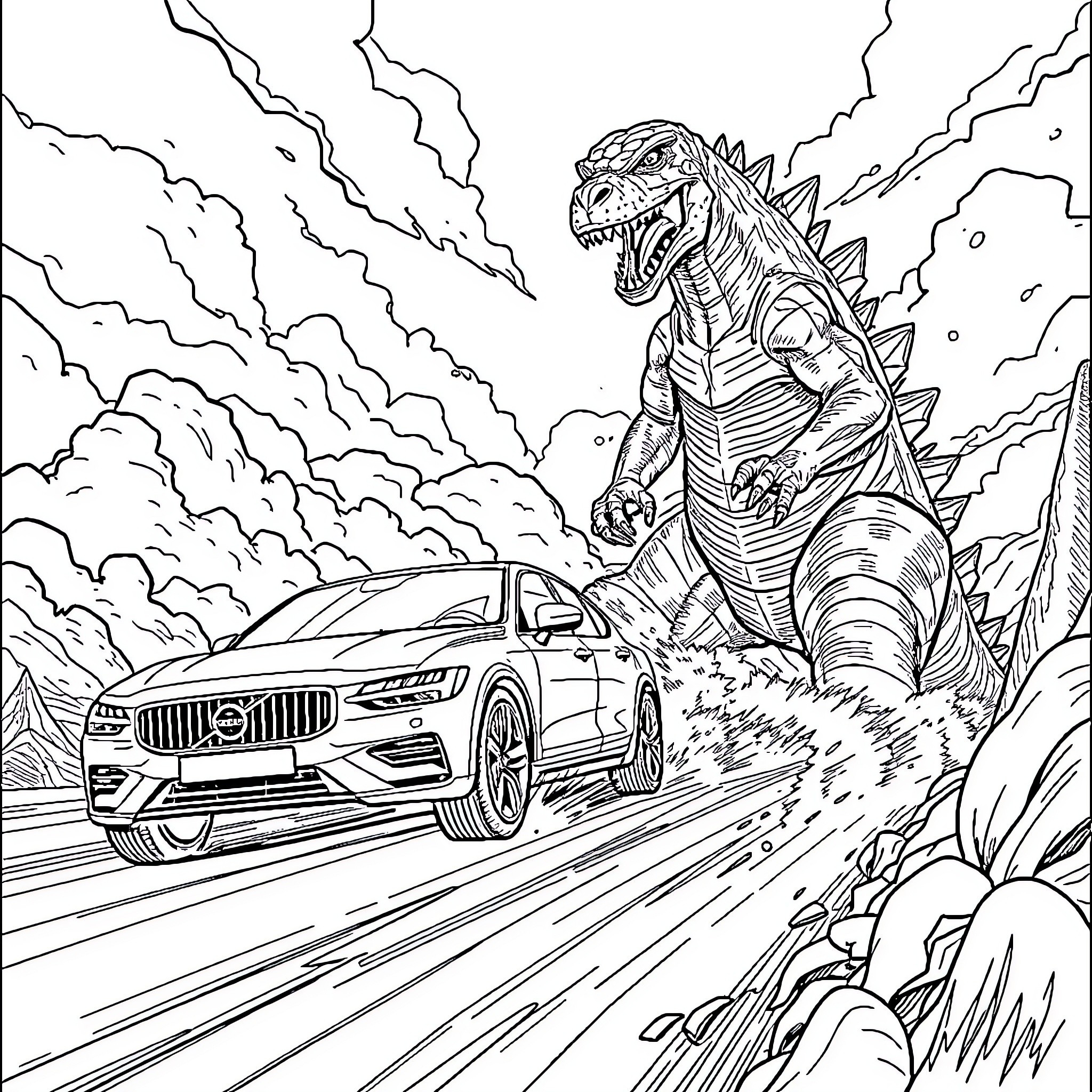 Volvo SUV races through a post-apocalyptic landscape Coloring Page (free black-and-white line drawing printable PDF for all, from beginners to advanced learners, including children, teens, adults, and seniors)