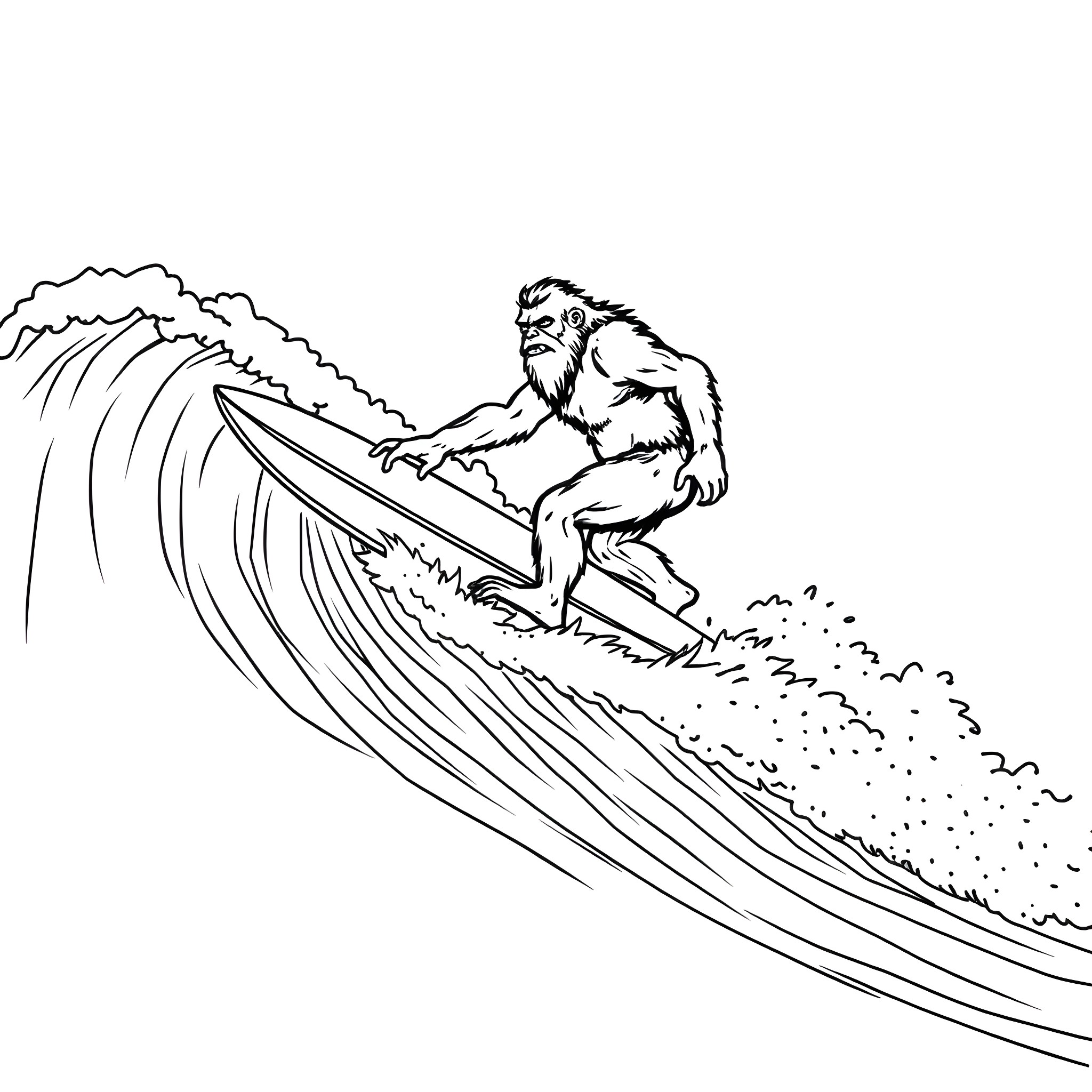 Sasquatch surfing the waves Coloring Page (free black-and-white line drawing printable PDF for all, from beginners to advanced learners, including children, teens, adults, and seniors)