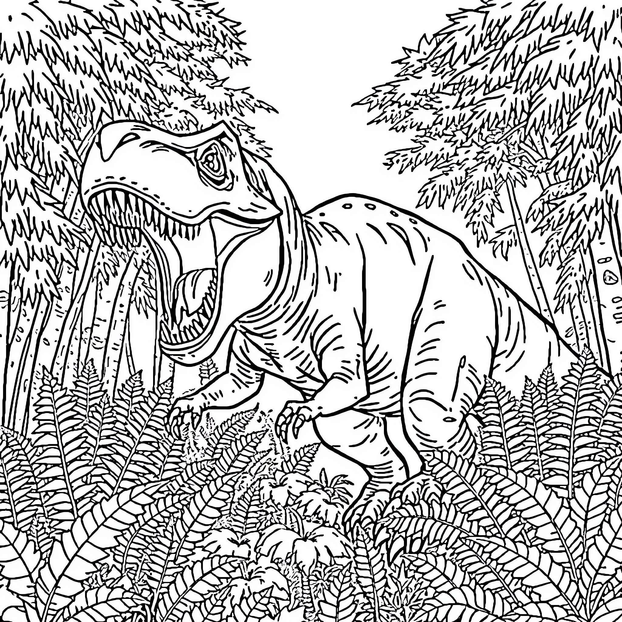 Carnotaurus roaring fiercely in the prehistoric forest Coloring Page (free black-and-white line drawing printable PDF for all, from beginners to advanced learners, including children, teens, adults, and seniors)