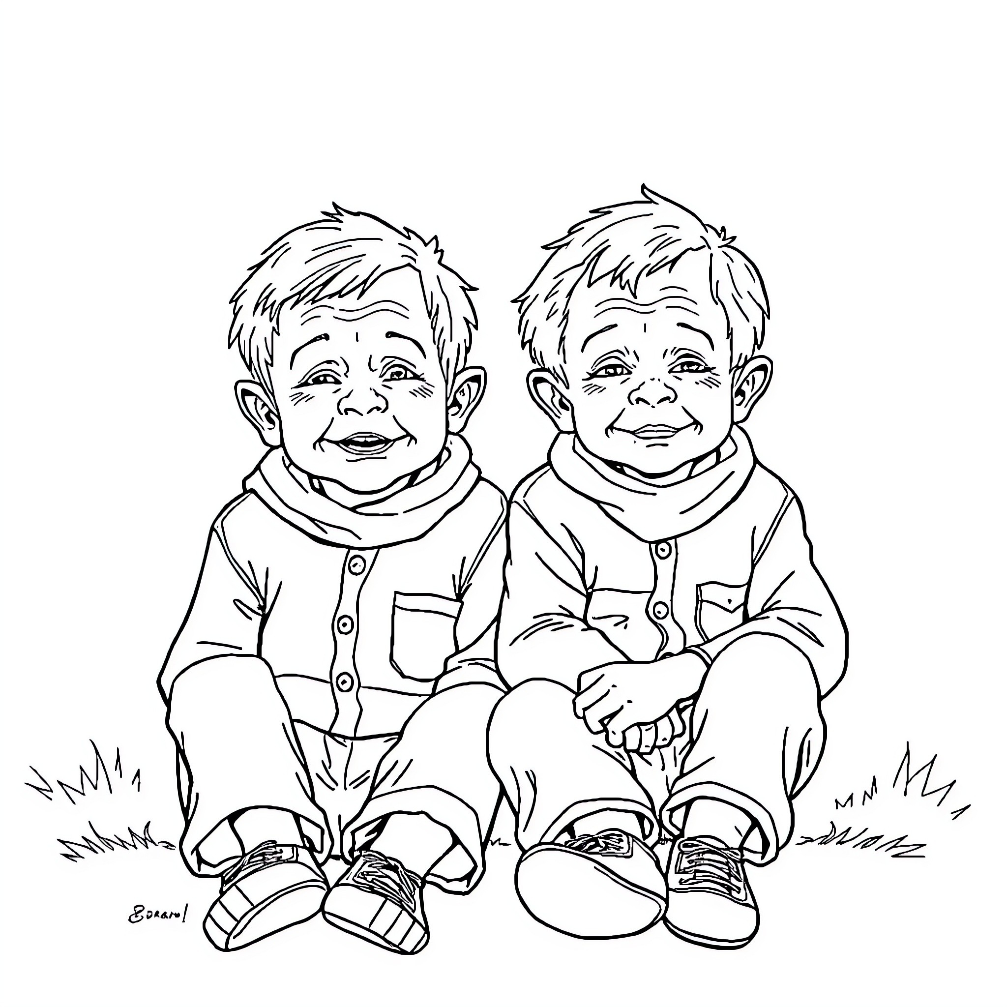 Kid Brothers Smiling Happily Together Coloring Page (free black-and-white line drawing printable PDF for all, from beginners to advanced learners, including children, teens, adults, and seniors)