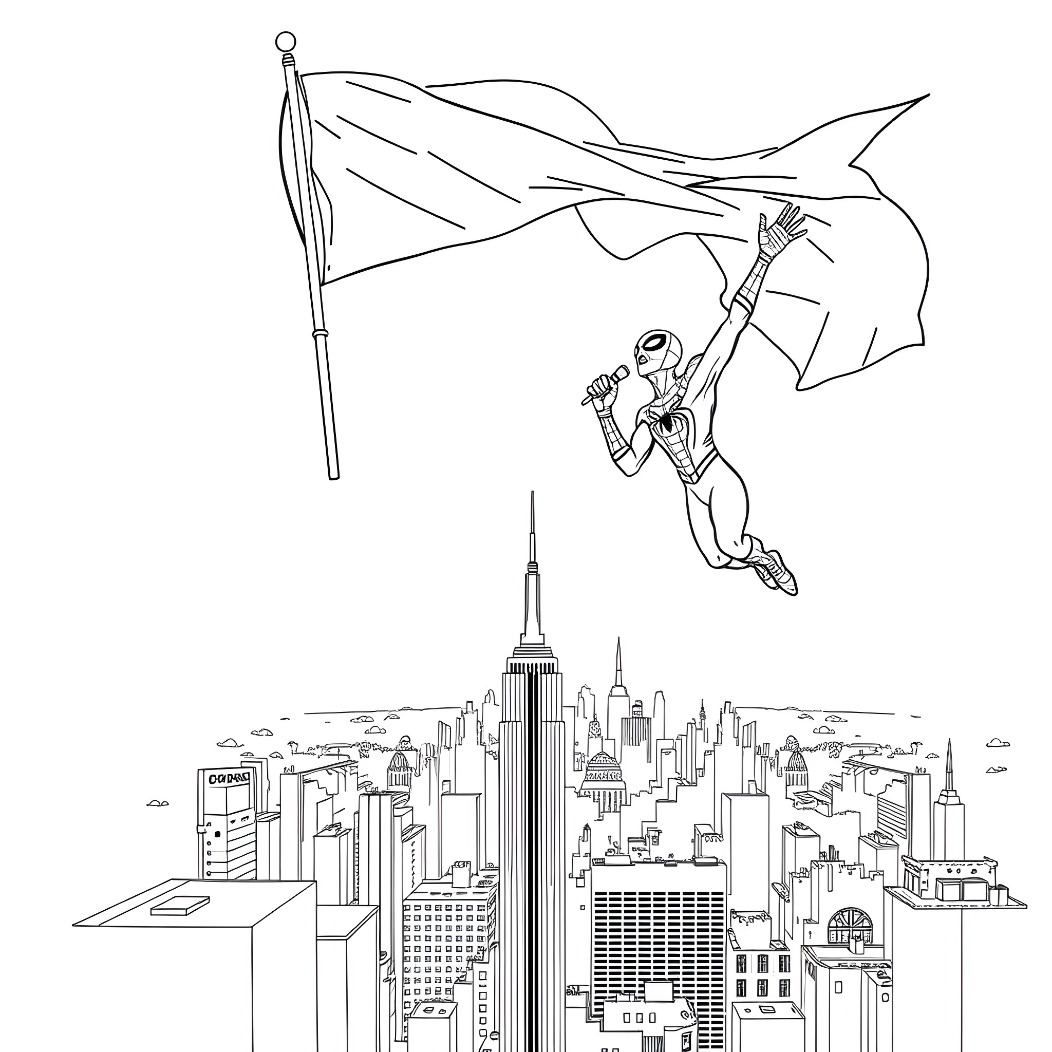 Spiderman swinging through the city with flag Coloring Page (free black-and-white line drawing printable PDF for all, from beginners to advanced learners, including children, teens, adults, and seniors)