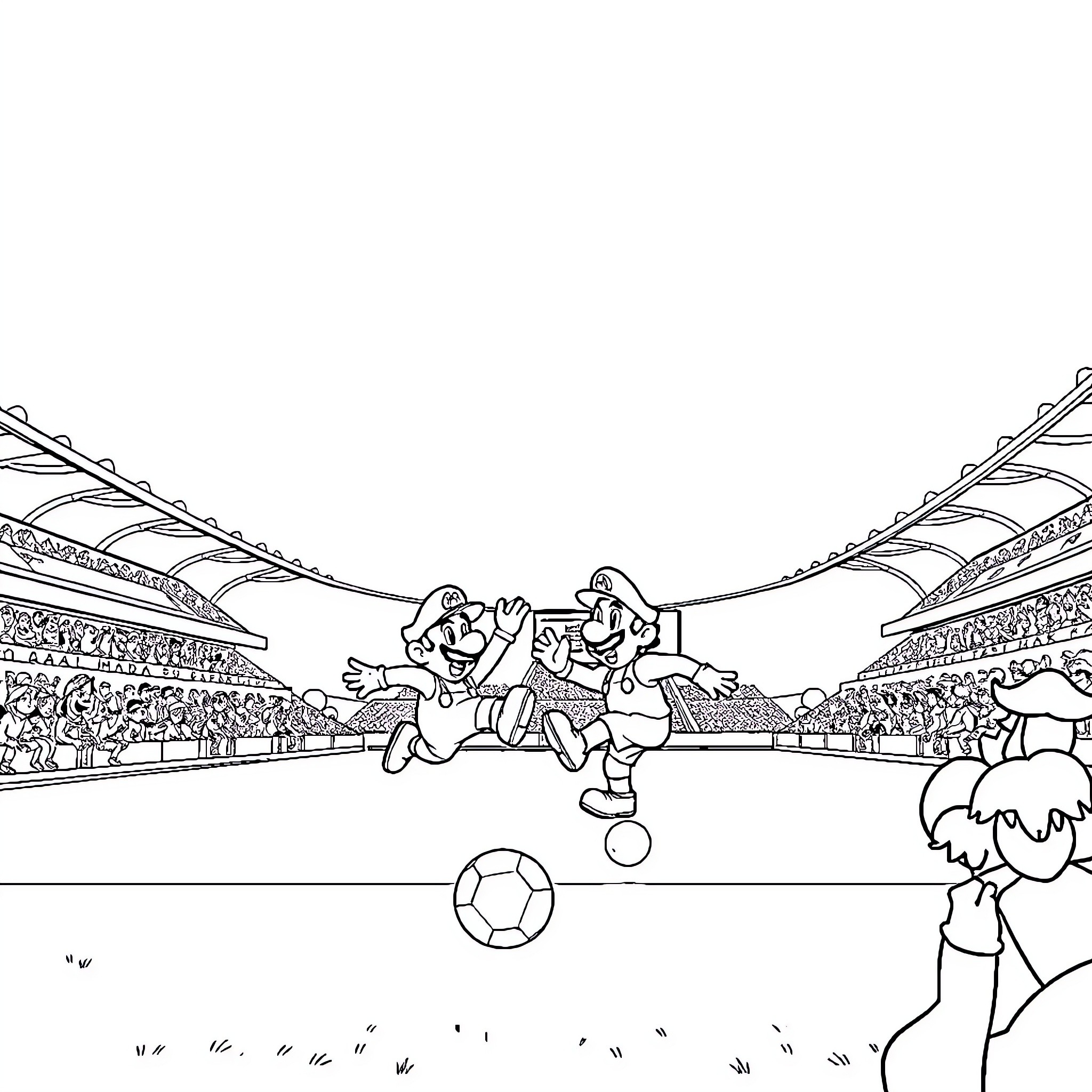 Mario's Soccer Match on the Stadium Field Coloring Page (free black-and-white line drawing printable PDF for all, from beginners to advanced learners, including children, teens, adults, and seniors)