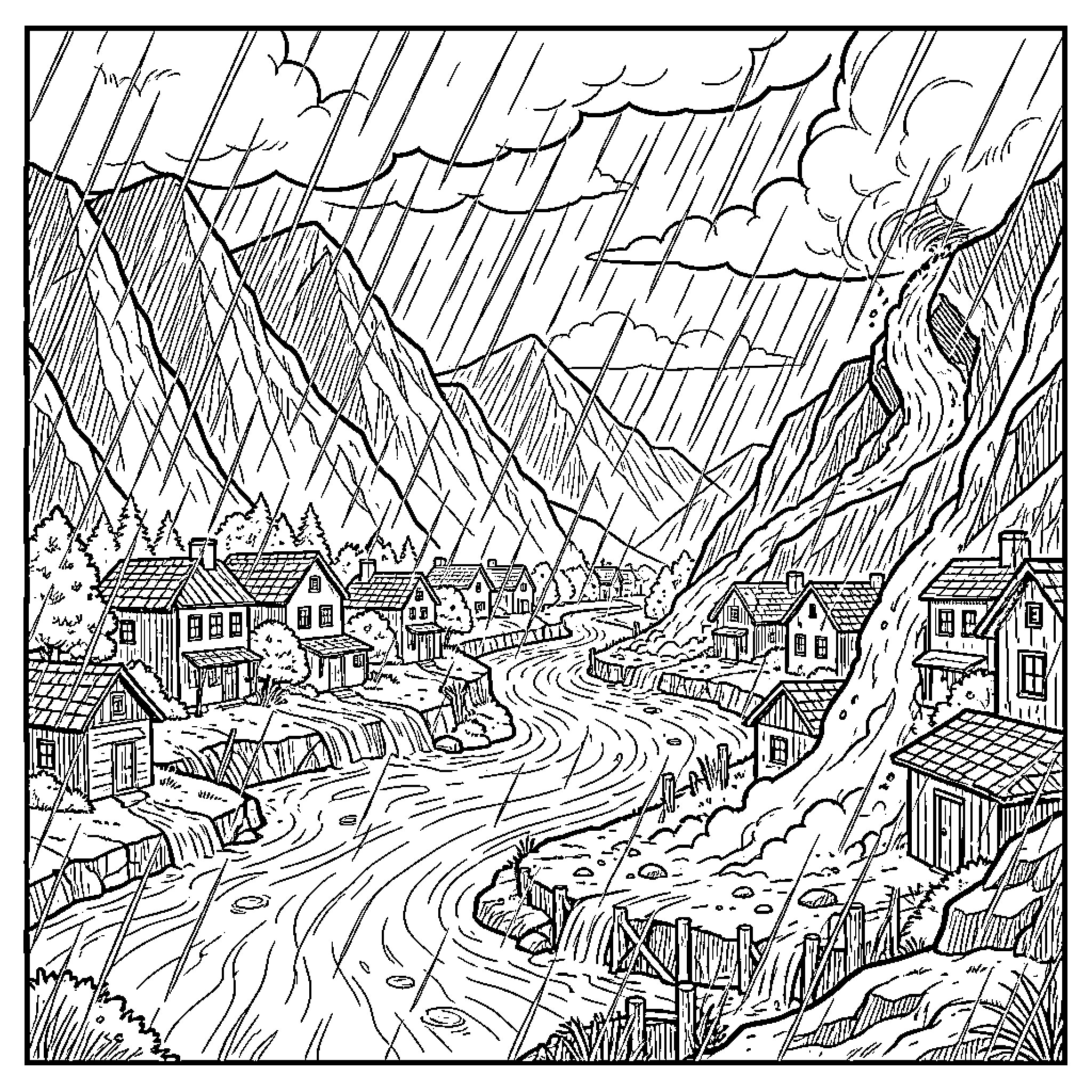 Hurricane causing heavy rain and landslides in a village Coloring Page (free black-and-white line drawing printable PDF for all, from beginners to advanced learners, including children, teens, adults, and seniors)