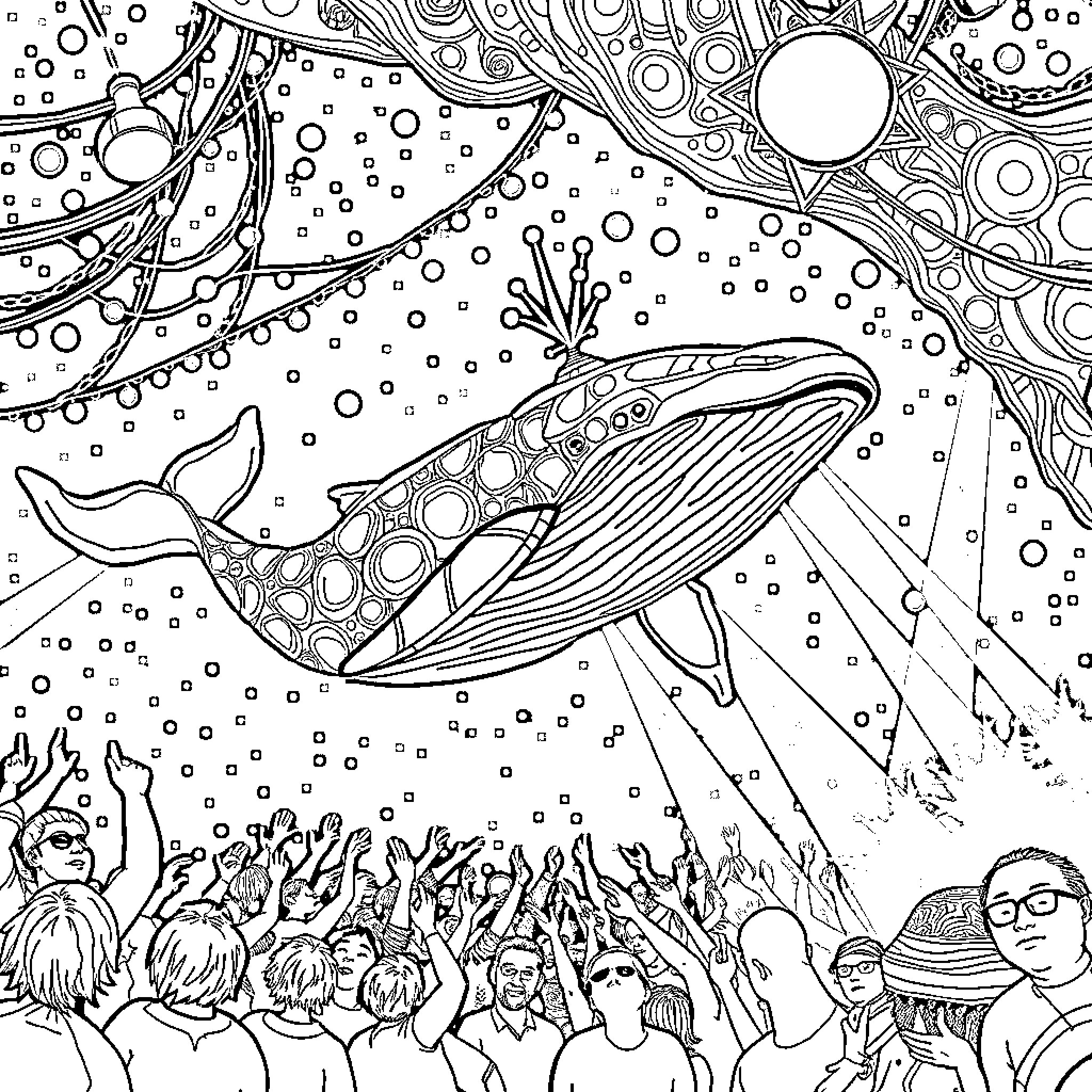 Whale Dives Amidst Celestial Crowd Coloring Page (free black-and-white line drawing printable PDF for all, from beginners to advanced learners, including children, teens, adults, and seniors)