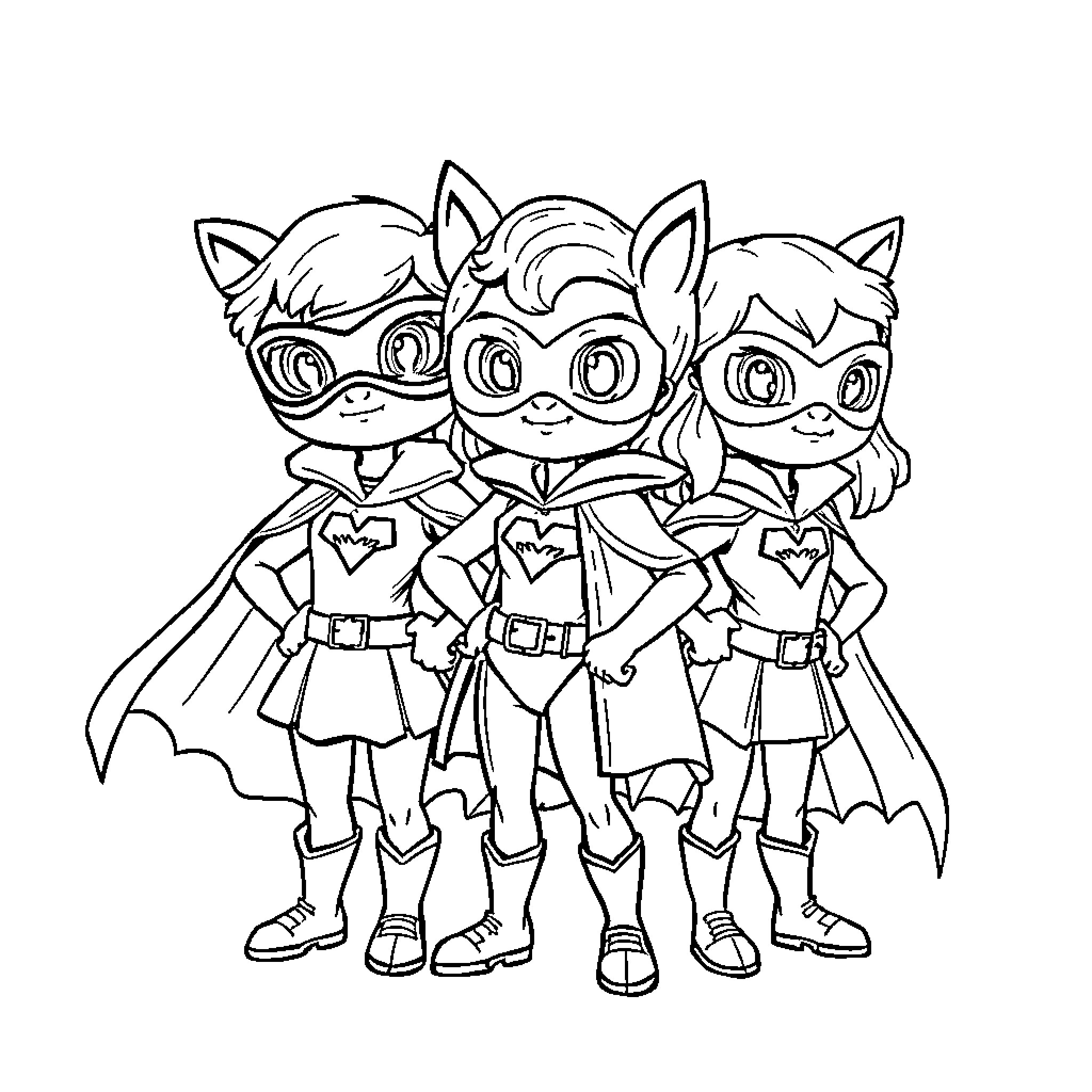Doll superheroes striking a pose Coloring Page (free black-and-white line drawing printable PDF for all, from beginners to advanced learners, including children, teens, adults, and seniors)