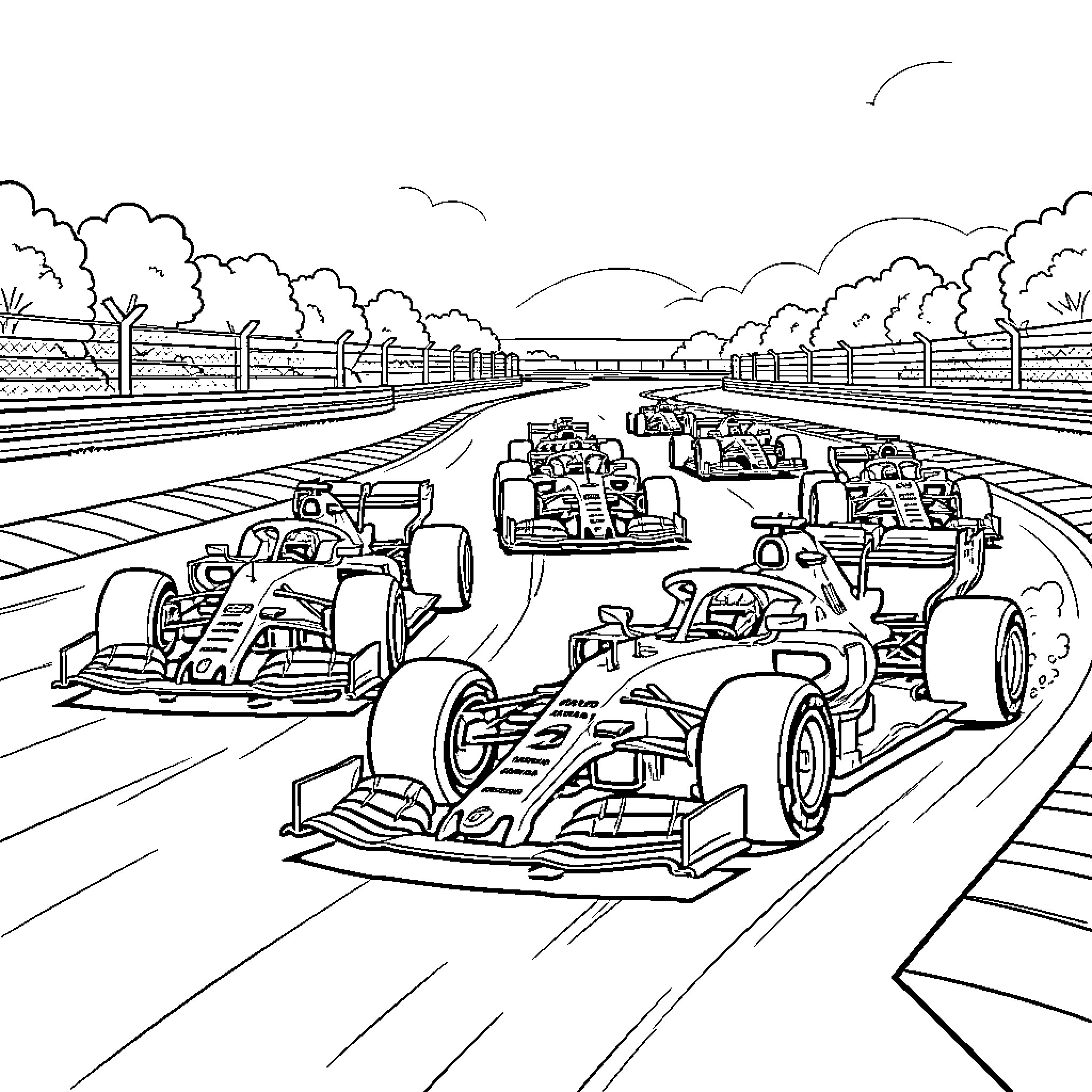 F1 Racing Vehicles Speeding on Track Coloring Page (free black-and-white line drawing printable PDF for all, from beginners to advanced learners, including children, teens, adults, and seniors)