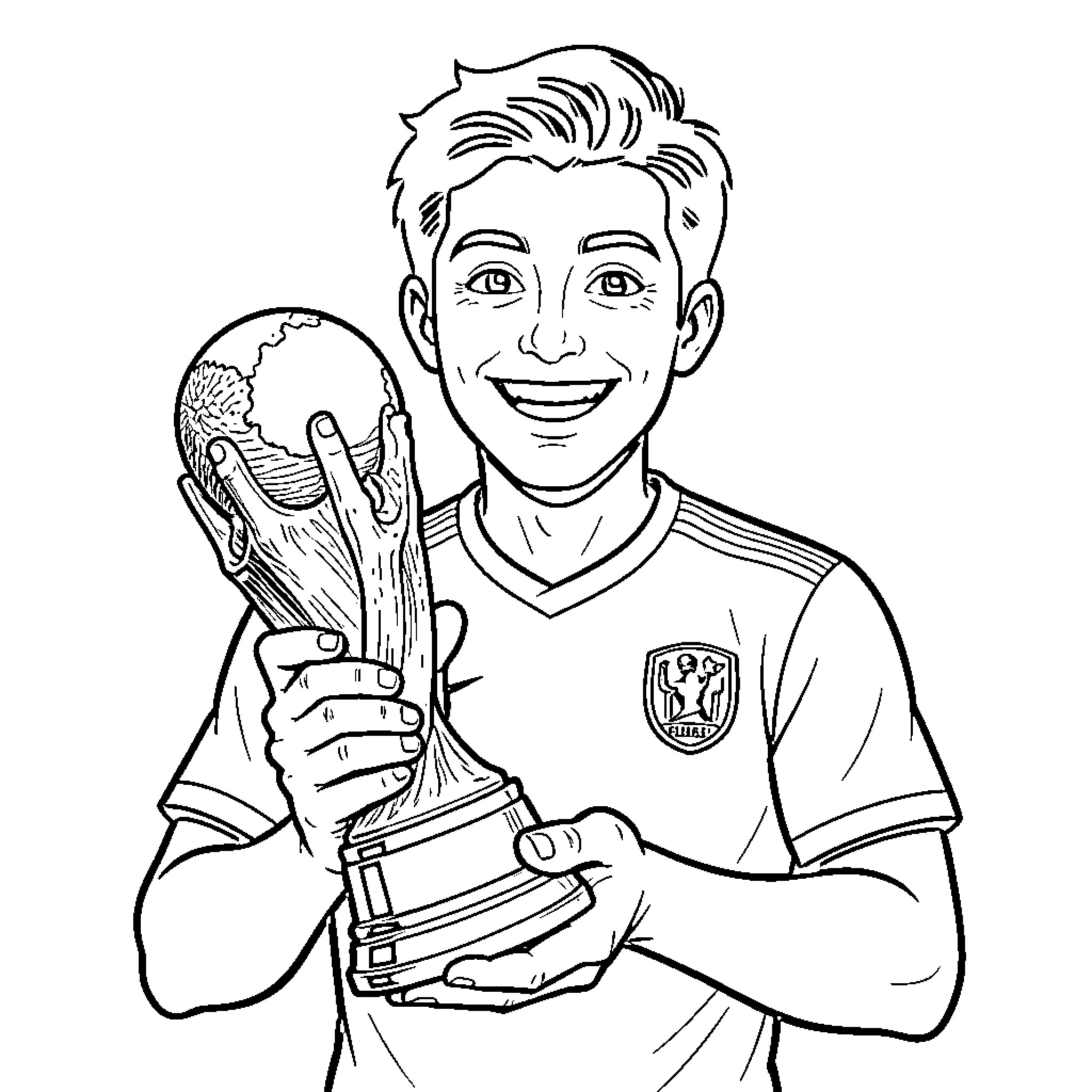 Vinicius smiling while holding a championship trophy Coloring Page (free black-and-white line drawing printable PDF for all, from beginners to advanced learners, including children, teens, adults, and seniors)