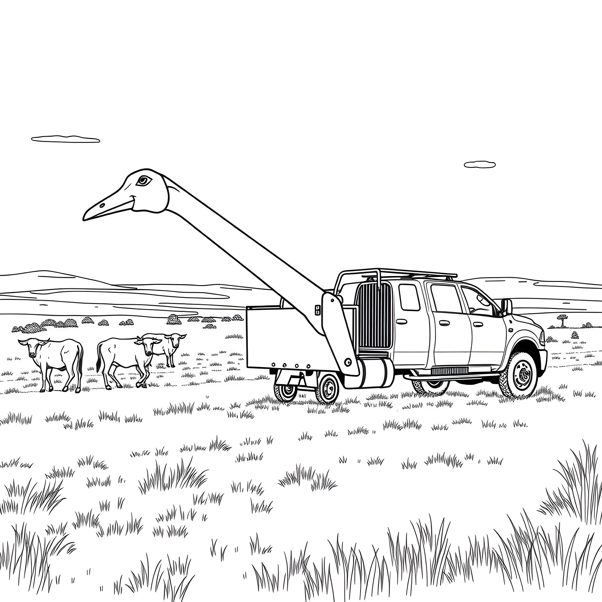 Gooseneck Trailer Transporting Heavy Machinery in Scenic Landscape Coloring Page (free black-and-white line drawing printable PDF for all, from beginners to advanced learners, including children, teens, adults, and seniors)