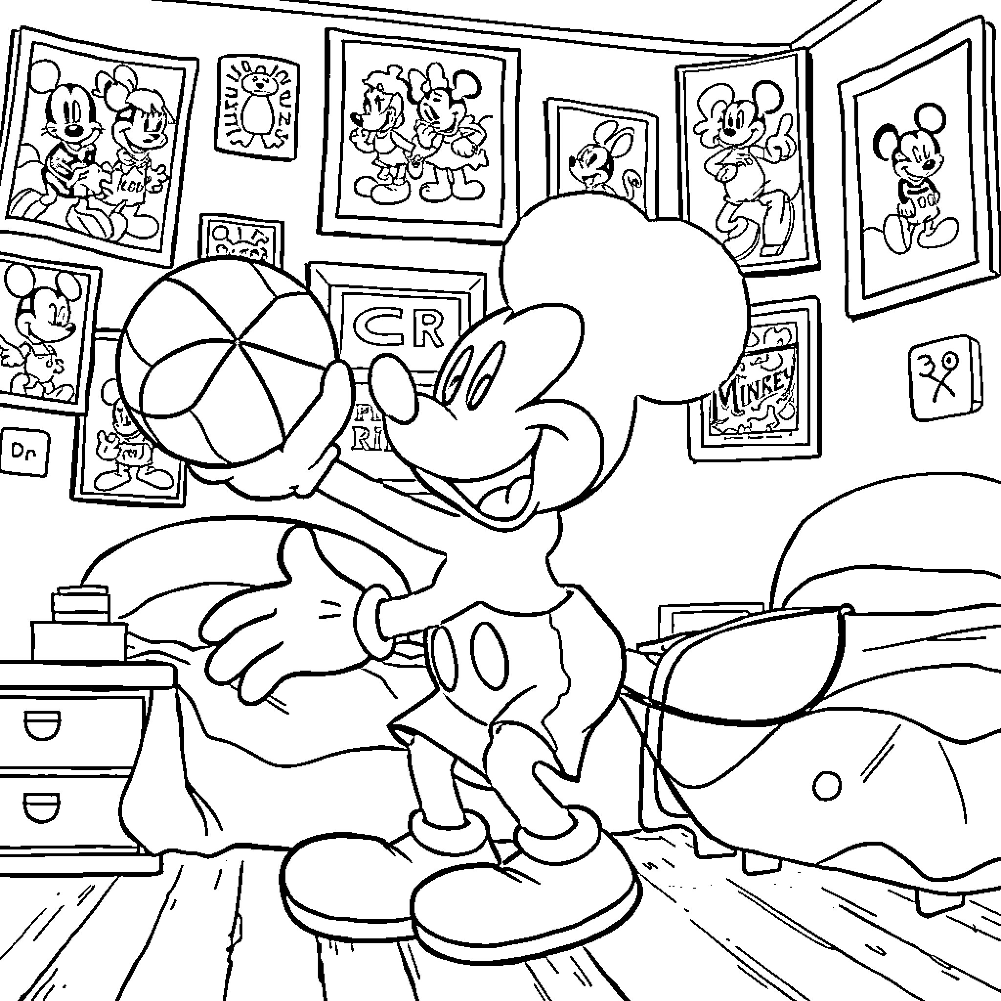Mickey creating artwork in his studio Coloring Page (free black-and-white line drawing printable PDF for all, from beginners to advanced learners, including children, teens, adults, and seniors)