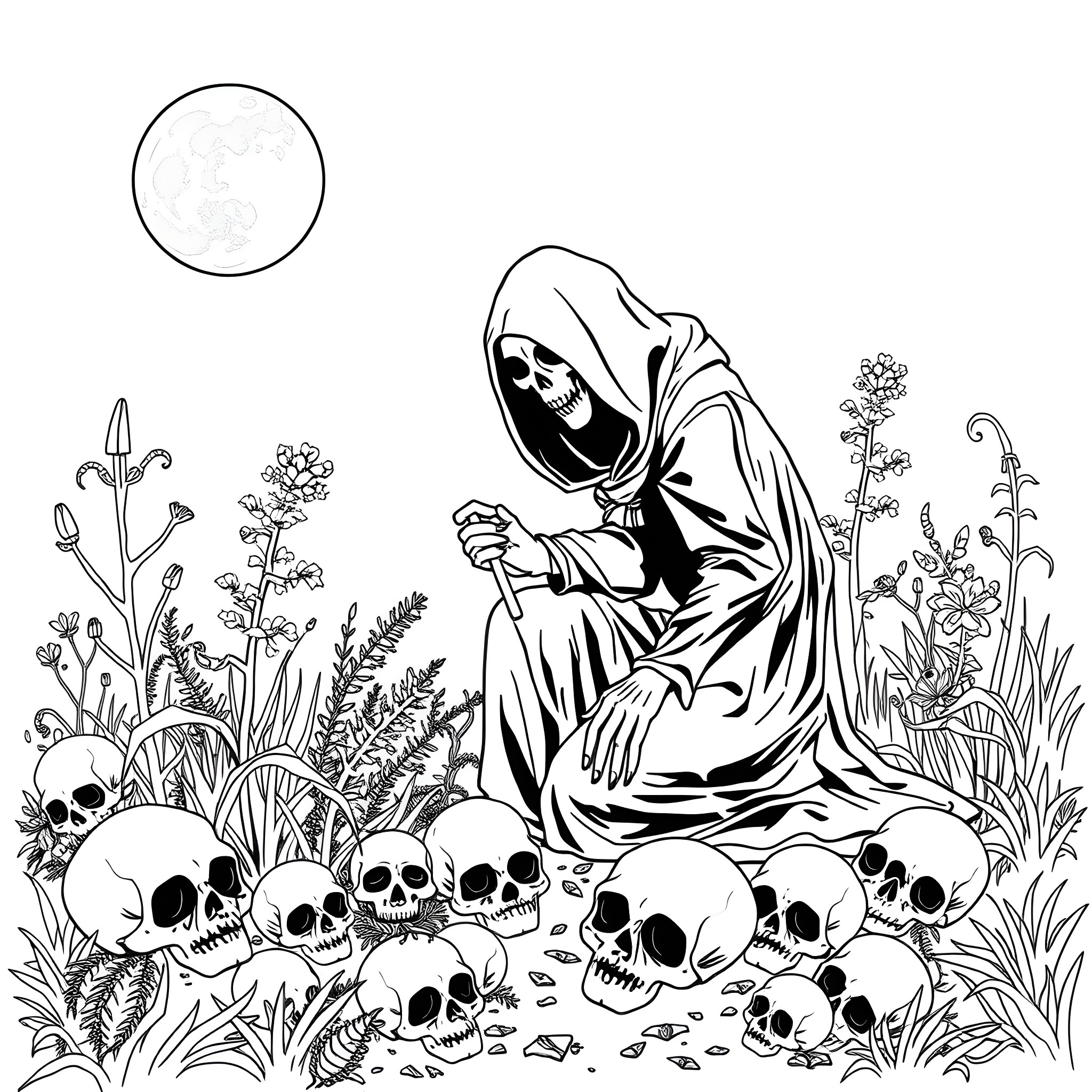 Grim Reaper among skulls and nature Coloring Page (free black-and-white line drawing printable PDF for all, from beginners to advanced learners, including children, teens, adults, and seniors)