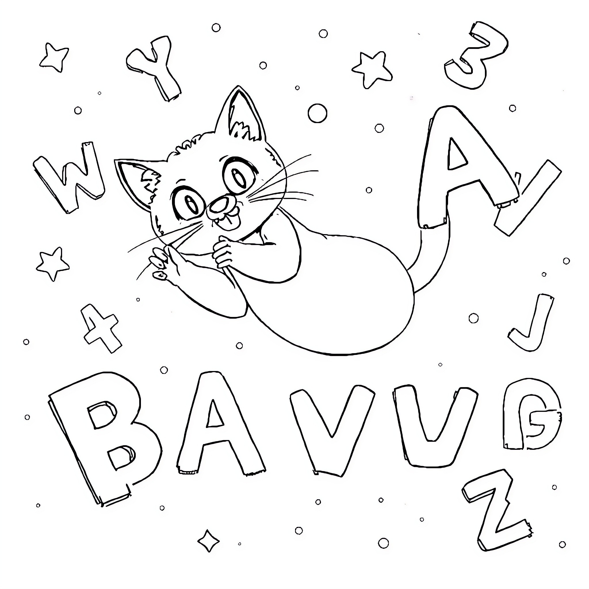 Cat playing with a word puzzle game Coloring Page (free black-and-white line drawing printable PDF for all, from beginners to advanced learners, including children, teens, adults, and seniors)