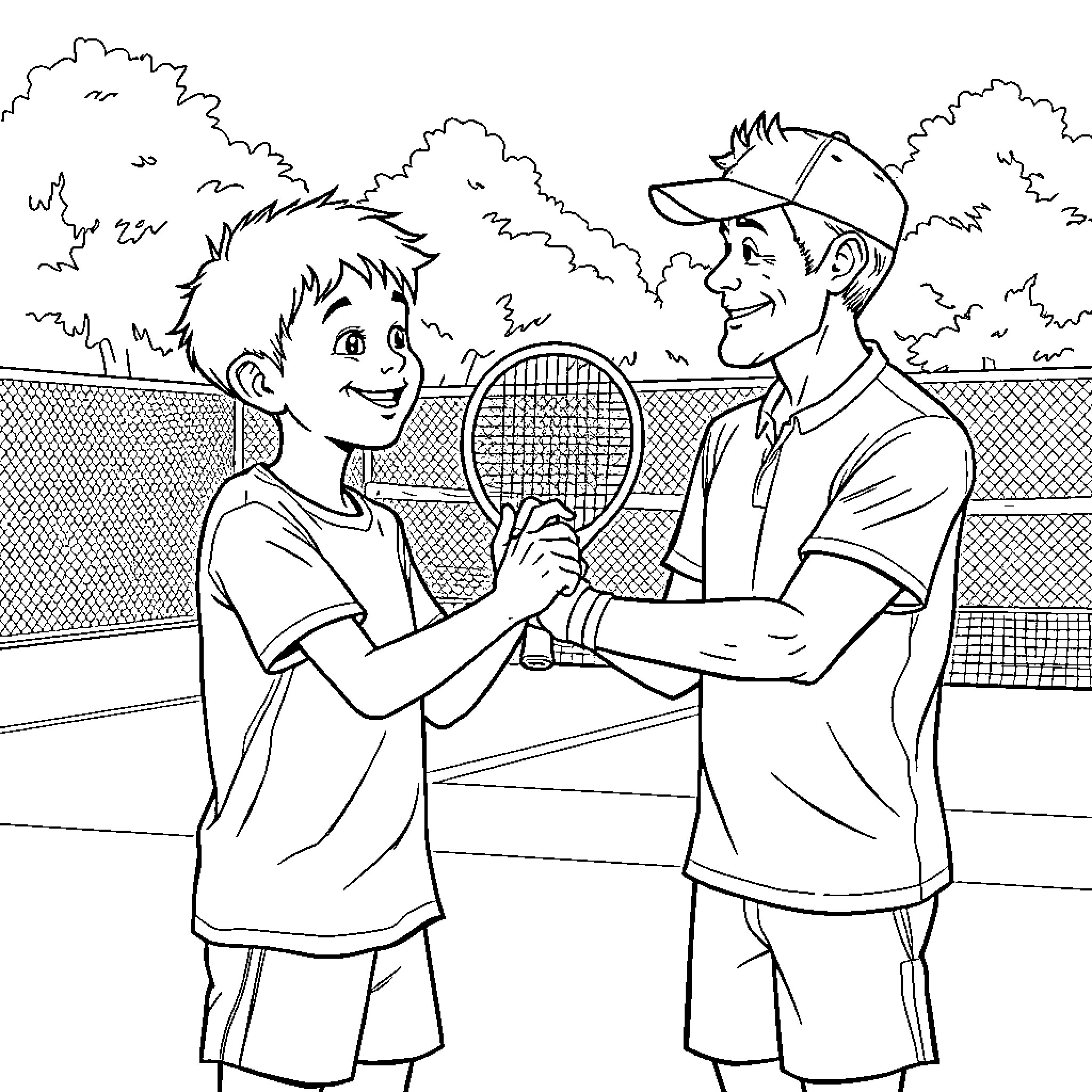 Tennis Player Shaking Hands with Coach on Tennis Court Coloring Page (free black-and-white line drawing printable PDF for all, from beginners to advanced learners, including children, teens, adults, and seniors)