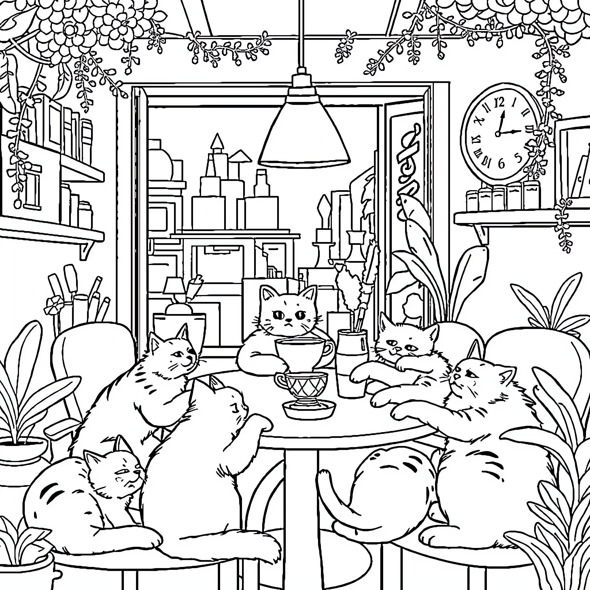 Cat group relaxing in cozy home interior Coloring Page (free black-and-white line drawing printable PDF for all, from beginners to advanced learners, including children, teens, adults, and seniors)