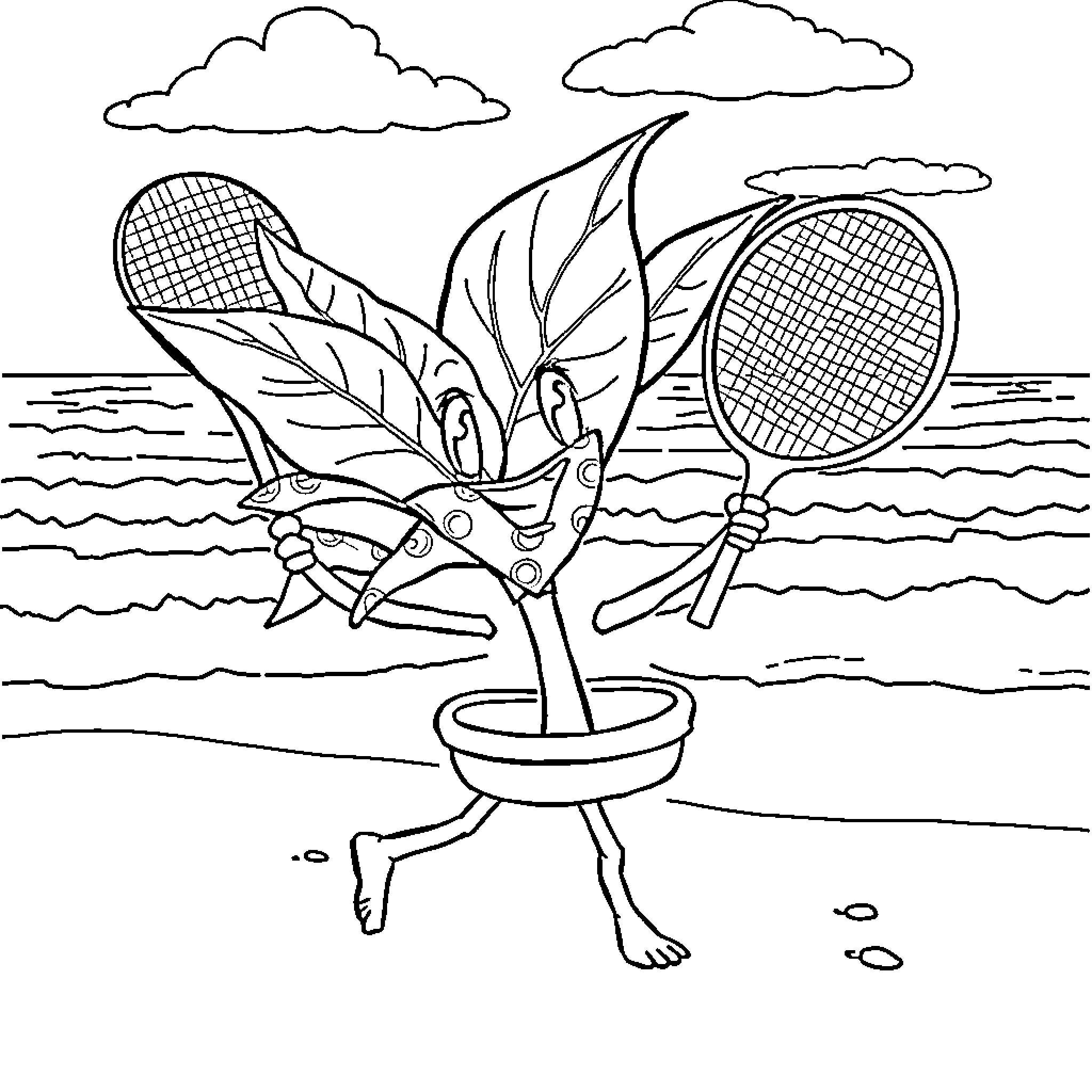 Pot Leaf playing tennis on the beach Coloring Page (free black-and-white line drawing printable PDF for all, from beginners to advanced learners, including children, teens, adults, and seniors)
