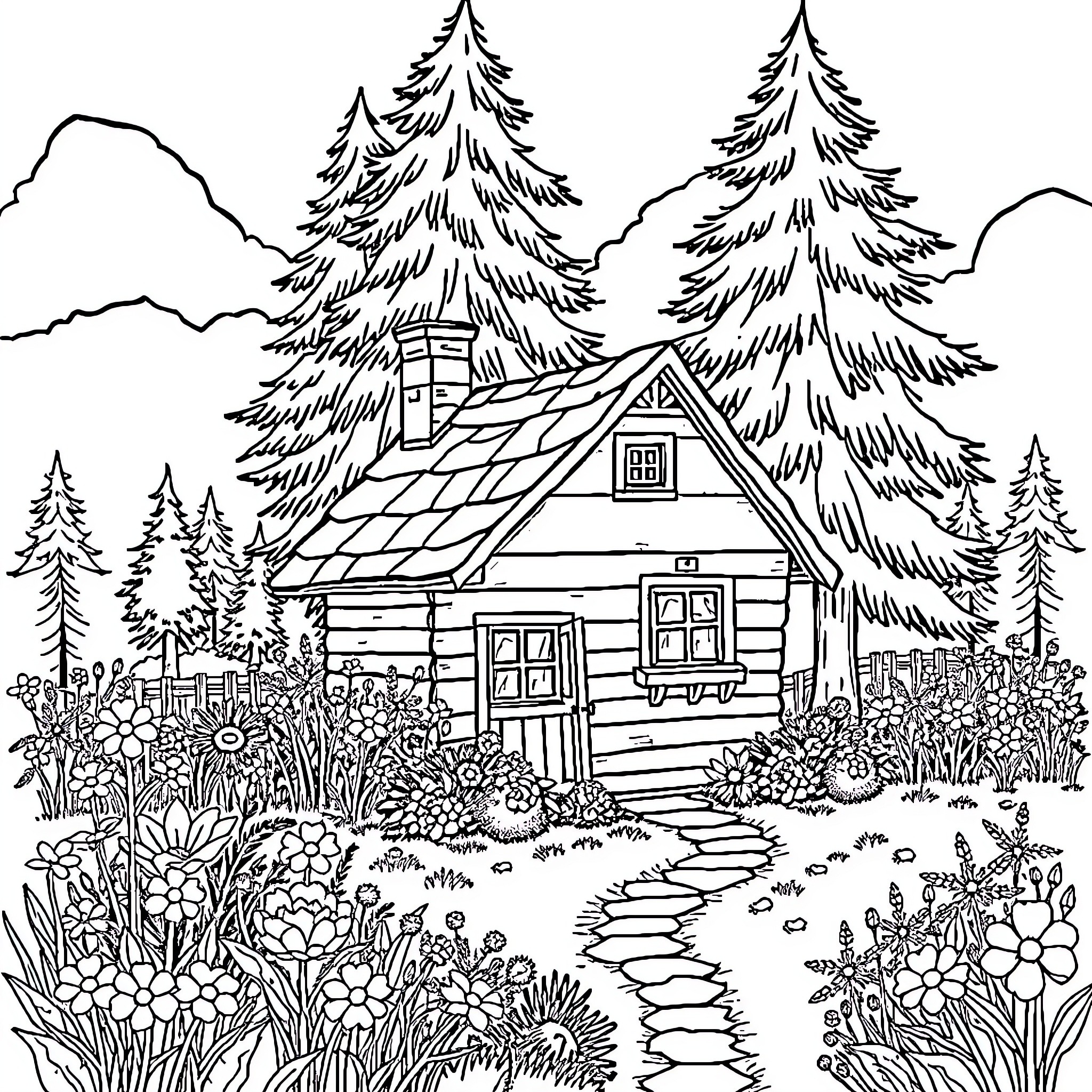 Cottage in a Serene Forest Landscape Coloring Page (free black-and-white line drawing printable PDF for all, from beginners to advanced learners, including children, teens, adults, and seniors)