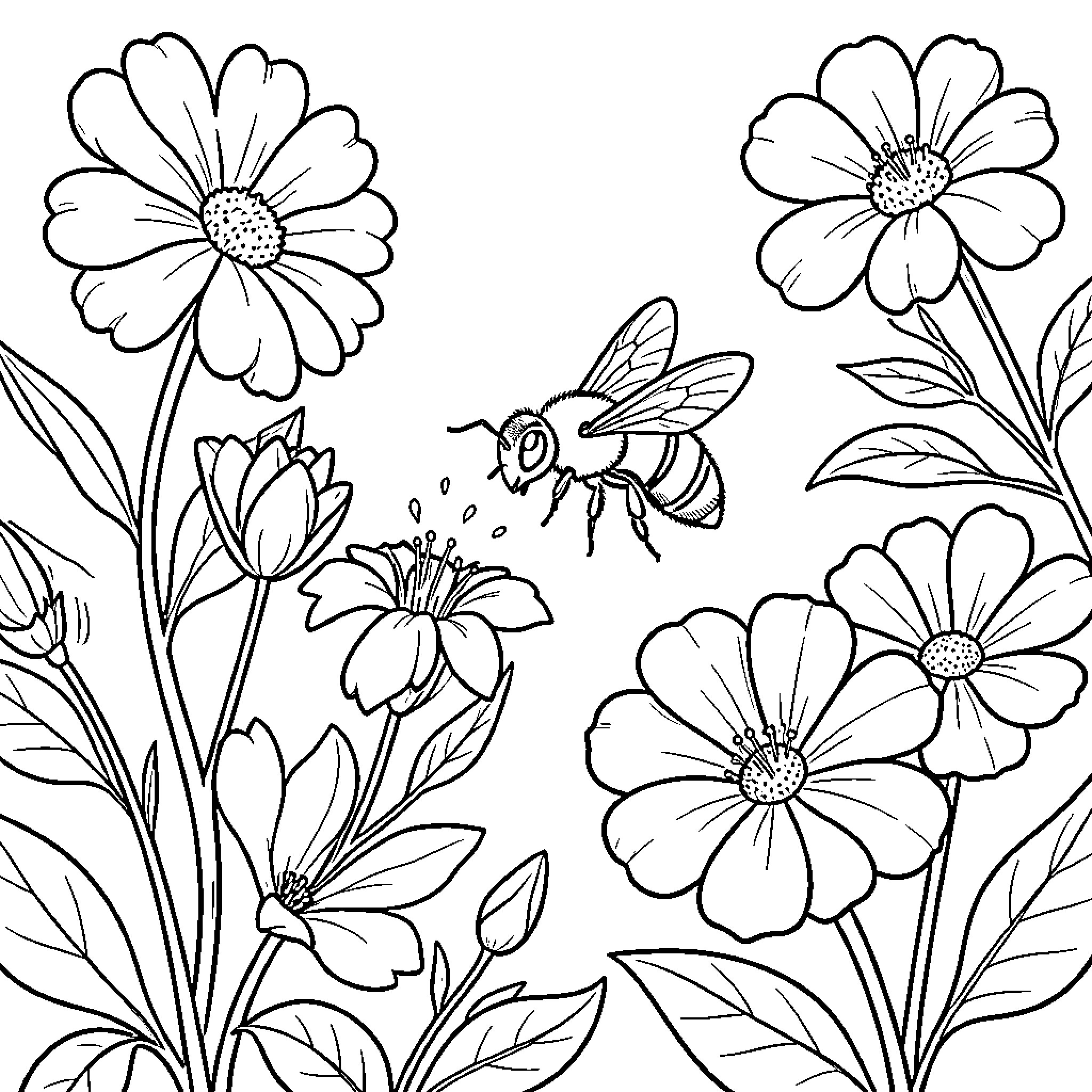 Bee exploring flowers in a garden Coloring Page (free black-and-white line drawing printable PDF for all, from beginners to advanced learners, including children, teens, adults, and seniors)