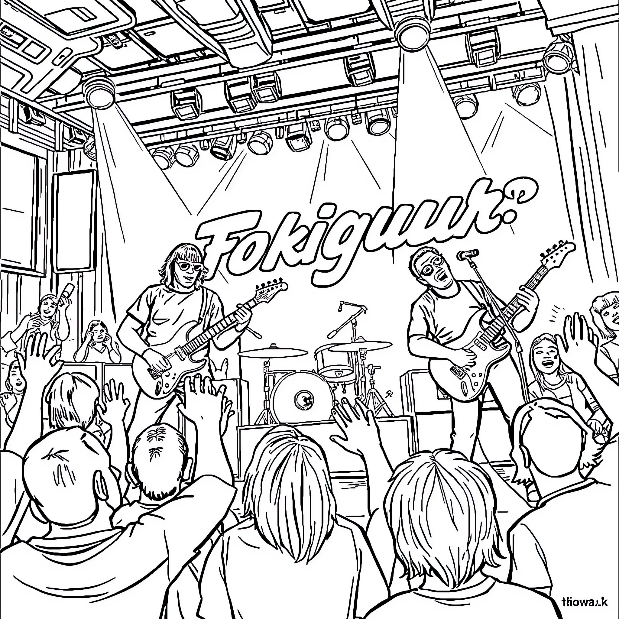 Foo Fighters rock concert with energetic performance Coloring Page (free black-and-white line drawing printable PDF for all, from beginners to advanced learners, including children, teens, adults, and seniors)