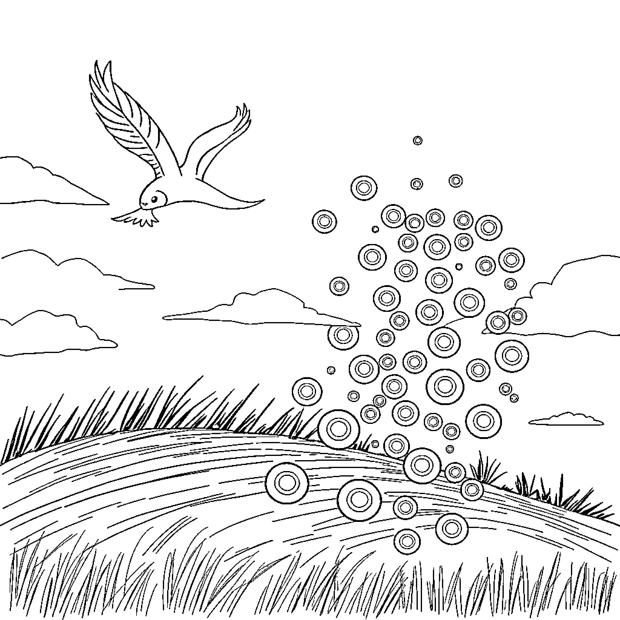 Button Bubbles Soaring over Grasslands Coloring Page (free black-and-white line drawing printable PDF for all, from beginners to advanced learners, including children, teens, adults, and seniors)