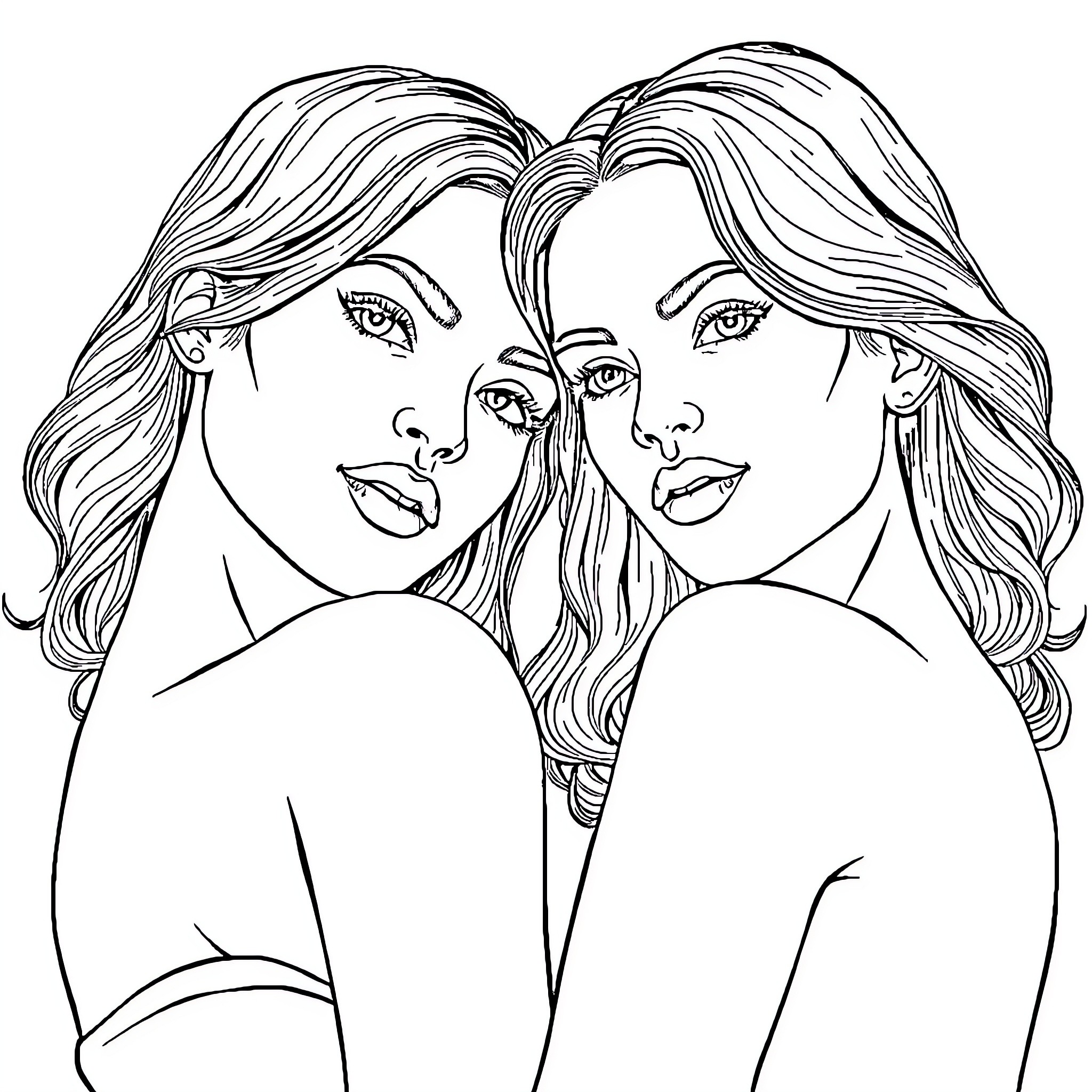 Woman embracing each other intimately Coloring Page (free black-and-white line drawing printable PDF for all, from beginners to advanced learners, including children, teens, adults, and seniors)