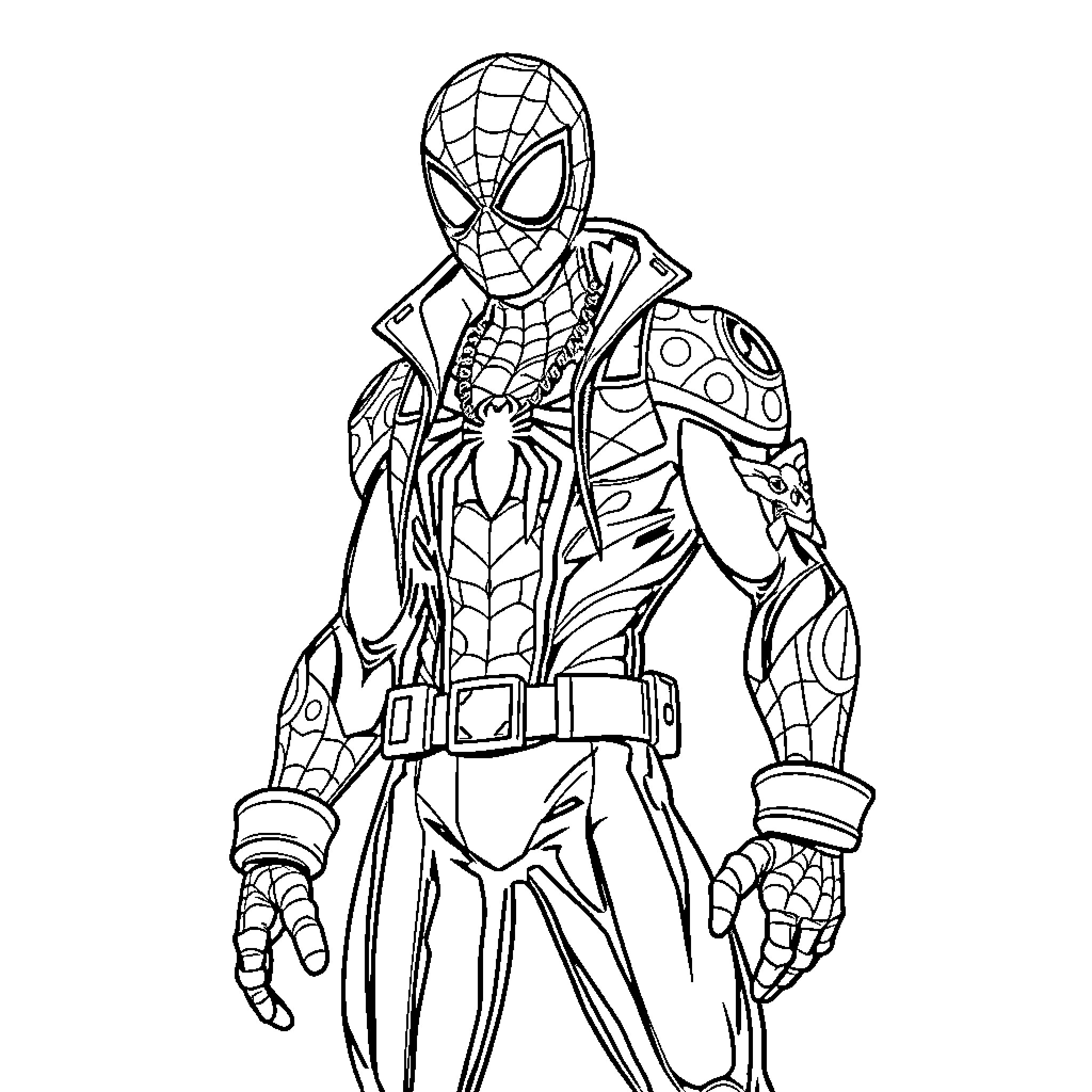 Spider-Man in heroic action pose with advanced suit Coloring Page (free black-and-white line drawing printable PDF for all, from beginners to advanced learners, including children, teens, adults, and seniors)