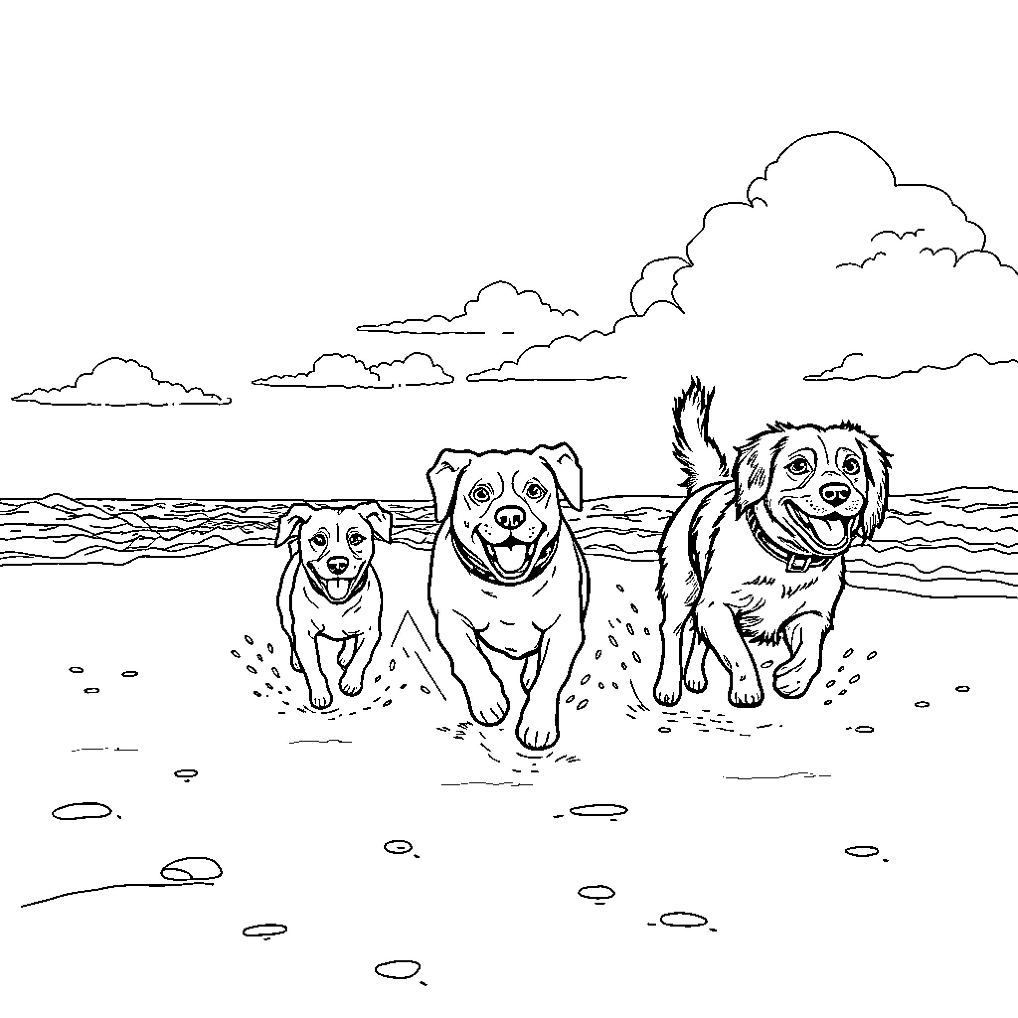 Dogs playing happily on the beach Coloring Page (free black-and-white line drawing printable PDF for all, from beginners to advanced learners, including children, teens, adults, and seniors)