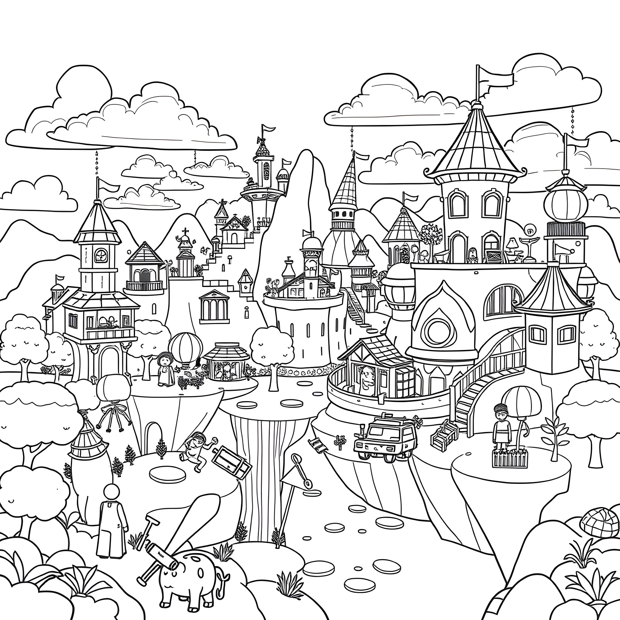 Dandy Fairytale Castle and Scenic Landscape Coloring Page (free black-and-white line drawing printable PDF for all, from beginners to advanced learners, including children, teens, adults, and seniors)