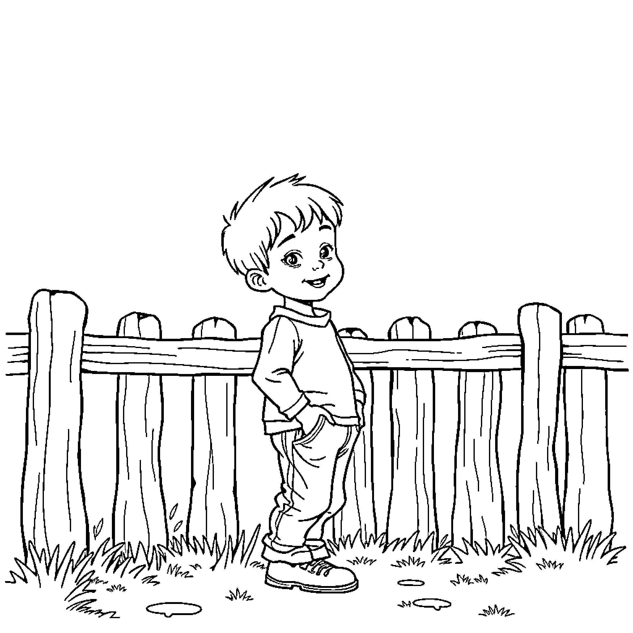 Boy standing in a grassy field near a fence Coloring Page (free black-and-white line drawing printable PDF for all, from beginners to advanced learners, including children, teens, adults, and seniors)